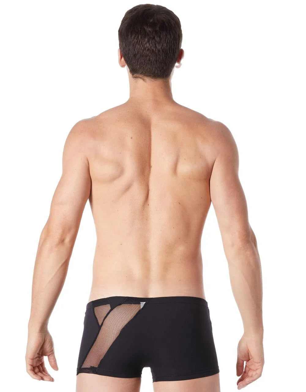 Boxer court noir satiné pour homme avec résille transparente et zip décoratif, offrant confort et style audacieux.