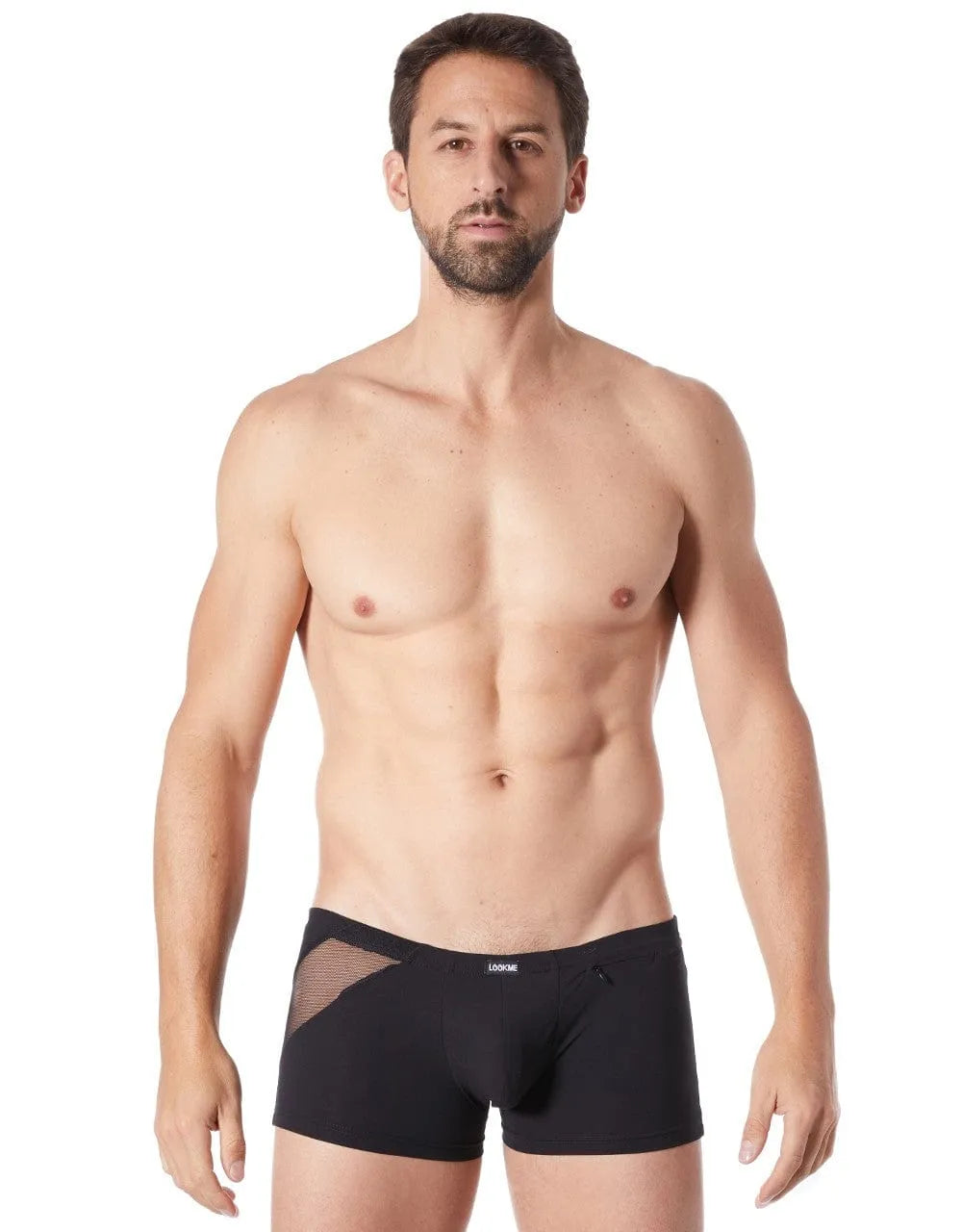 Boxer court homme noir satiné avec résille et zip décoratif, offrant confort et style audacieux.