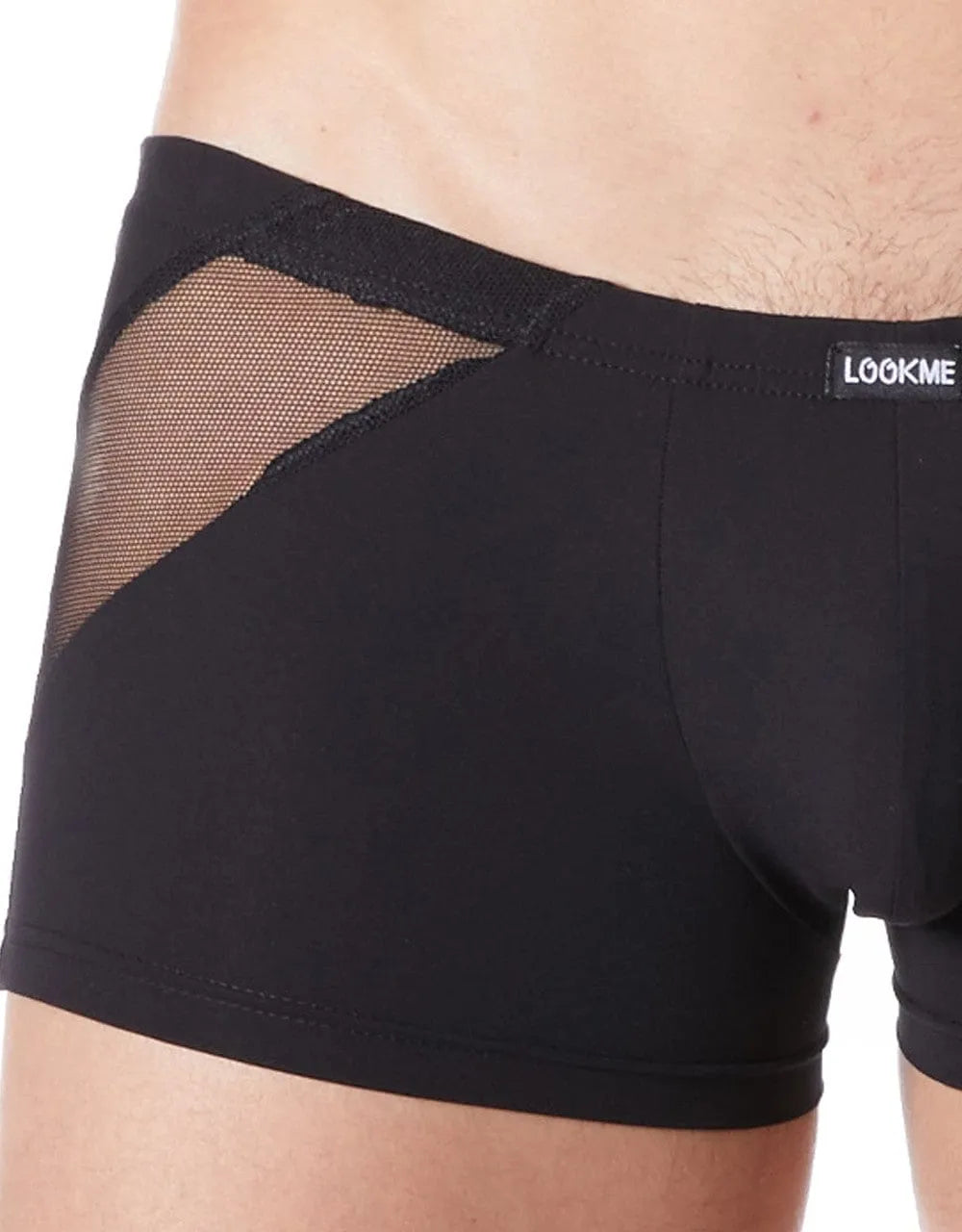 Boxer court homme noir satiné avec résille transparente et zip décoratif, élégant et confortable.