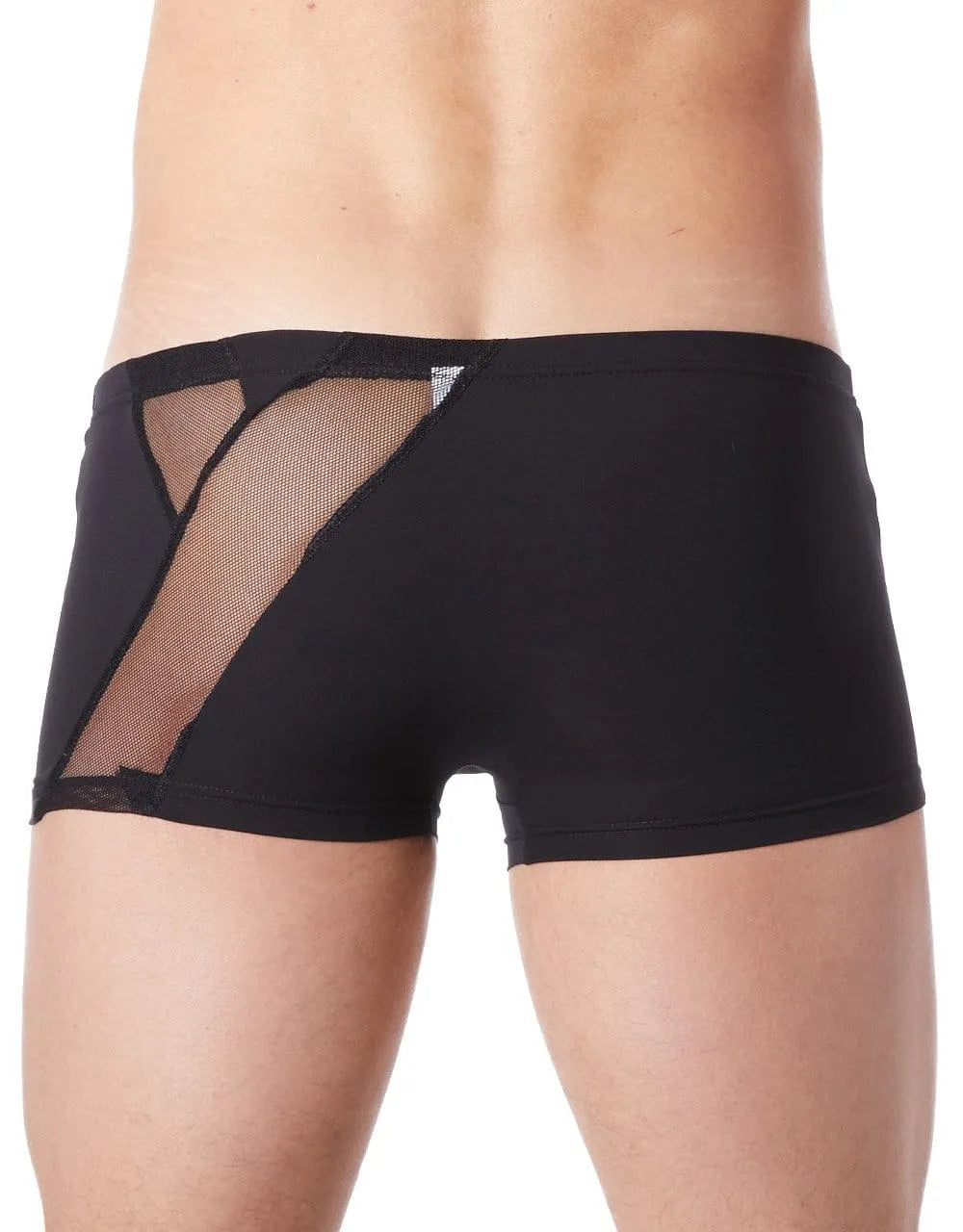 Boxer court homme noir satiné avec bandes résille avant et arrière, style élégant et audacieux, zip décoratif.