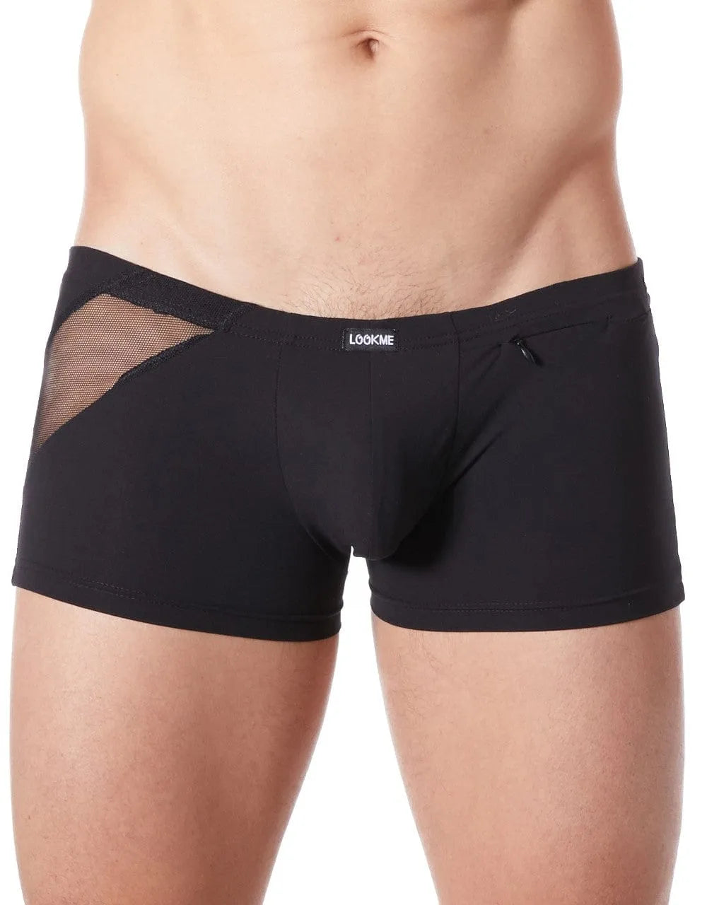 Boxer court homme noir satiné avec résille et zip décoratif, offrant confort et style audacieux.