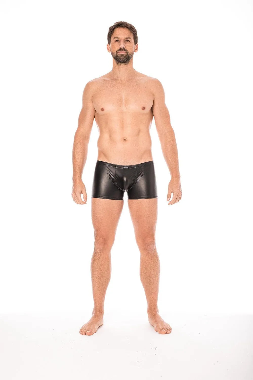 Boxer homme noir simili cuir, ajusté, élégant, matière souple, modèle debout, collection Fantasy 2.