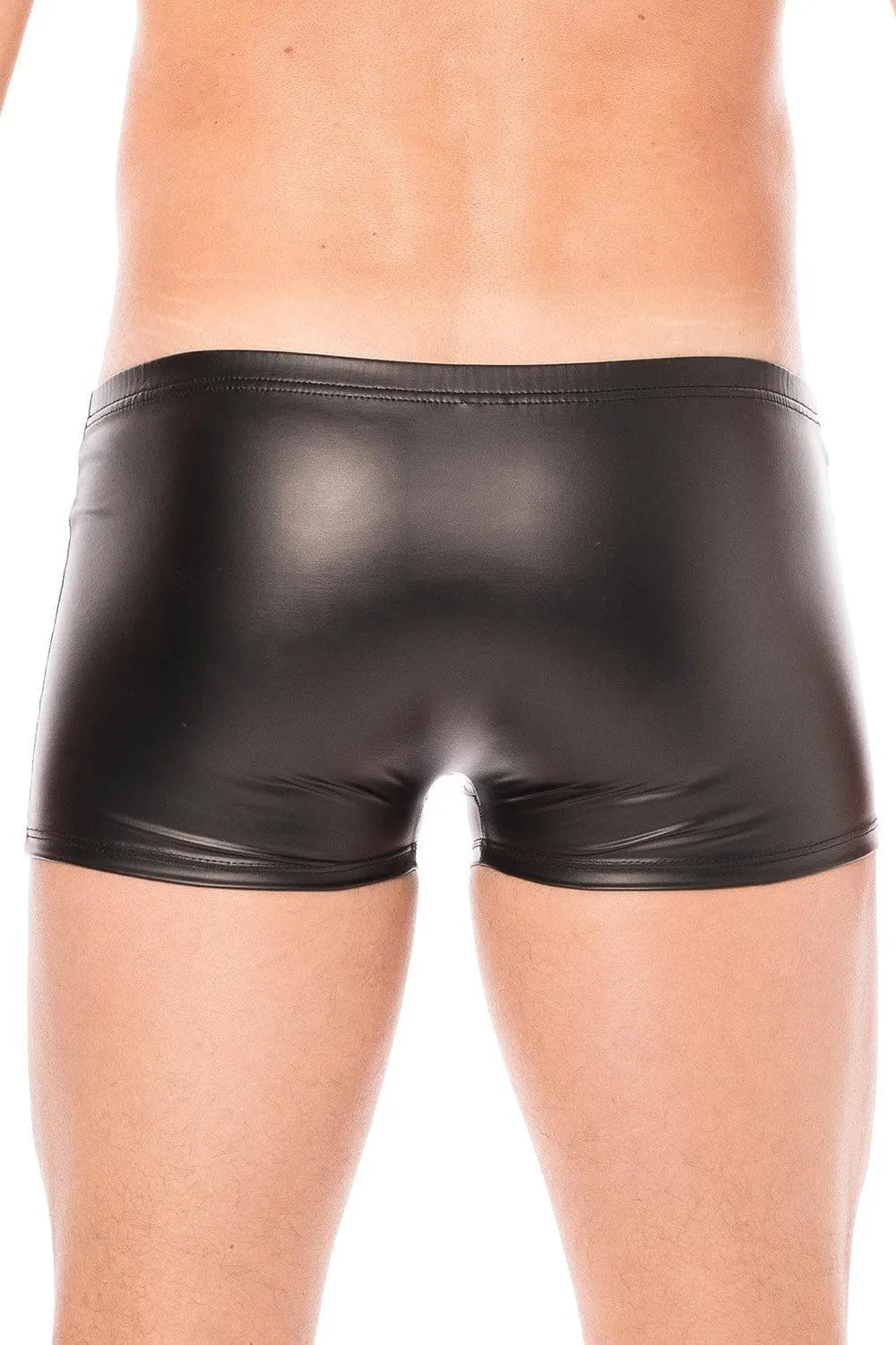 Boxer homme noir en simili cuir, coupe ajustée, matière souple et confortable, idéal pour un style audacieux et élégant.
