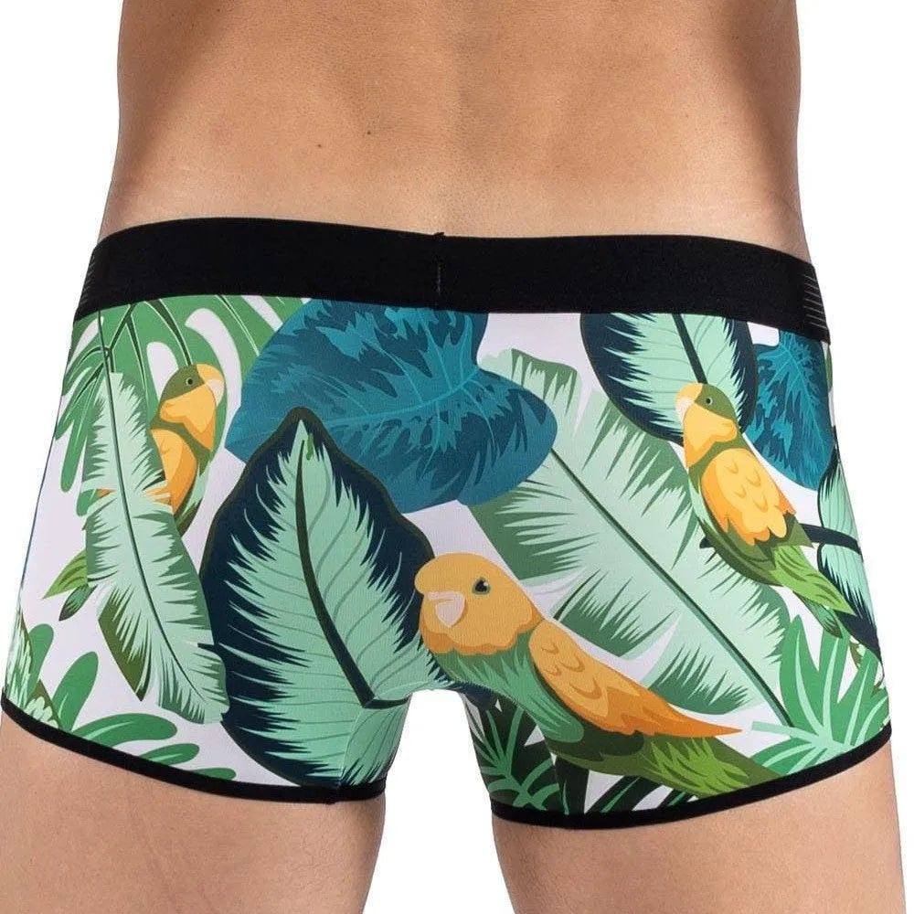 Boxer exotique imprimé oiseaux chanteurs, fond vert feuillage, ceinture noire élastique, design Lookme confortable.