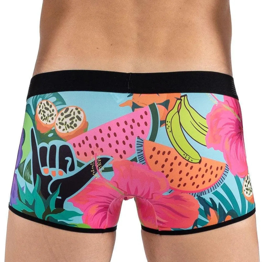 Boxer multicolore Lookme avec imprimé fruits et fleurs exotiques, ceinture élastique noire, design audacieux et confortable.
