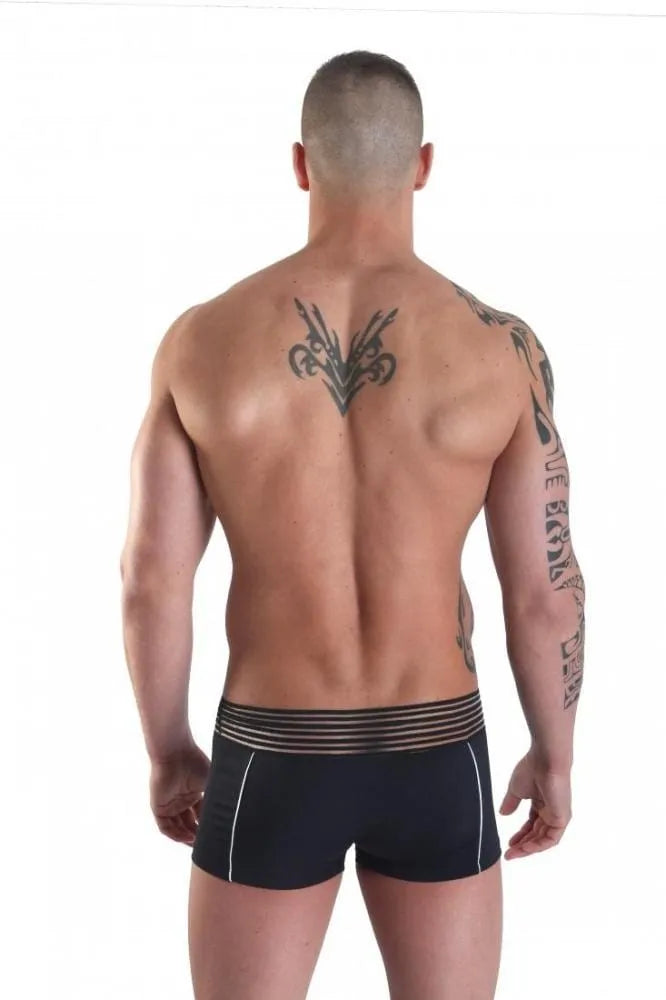 Boxer noir homme avec rayures opaques et transparentes, ceinture large, détails blancs, idéal confort et sport.