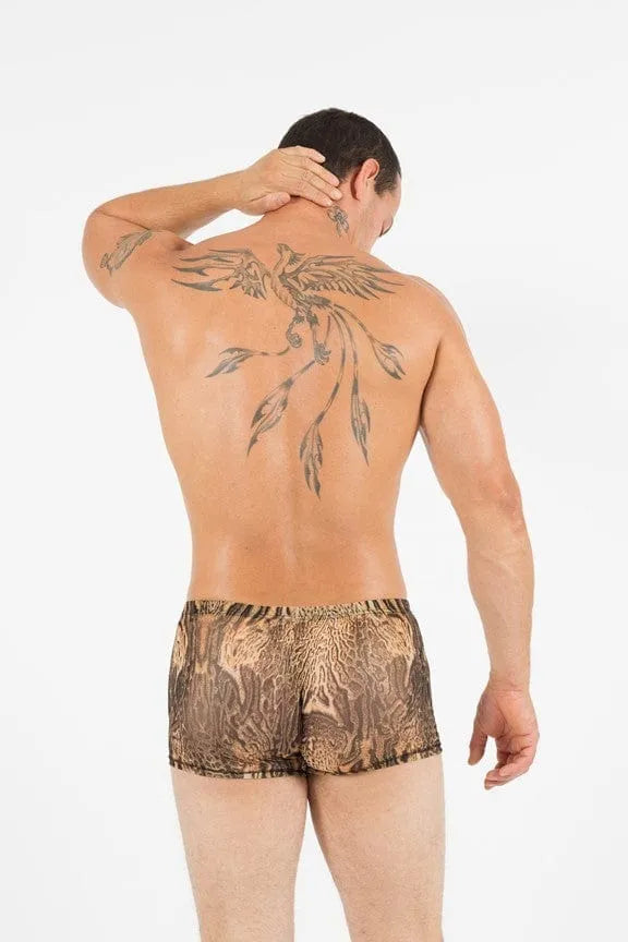 Boxer homme imprimé félin, polyester élasthanne, motif animalier audacieux, ajustement confortable, style moderne.