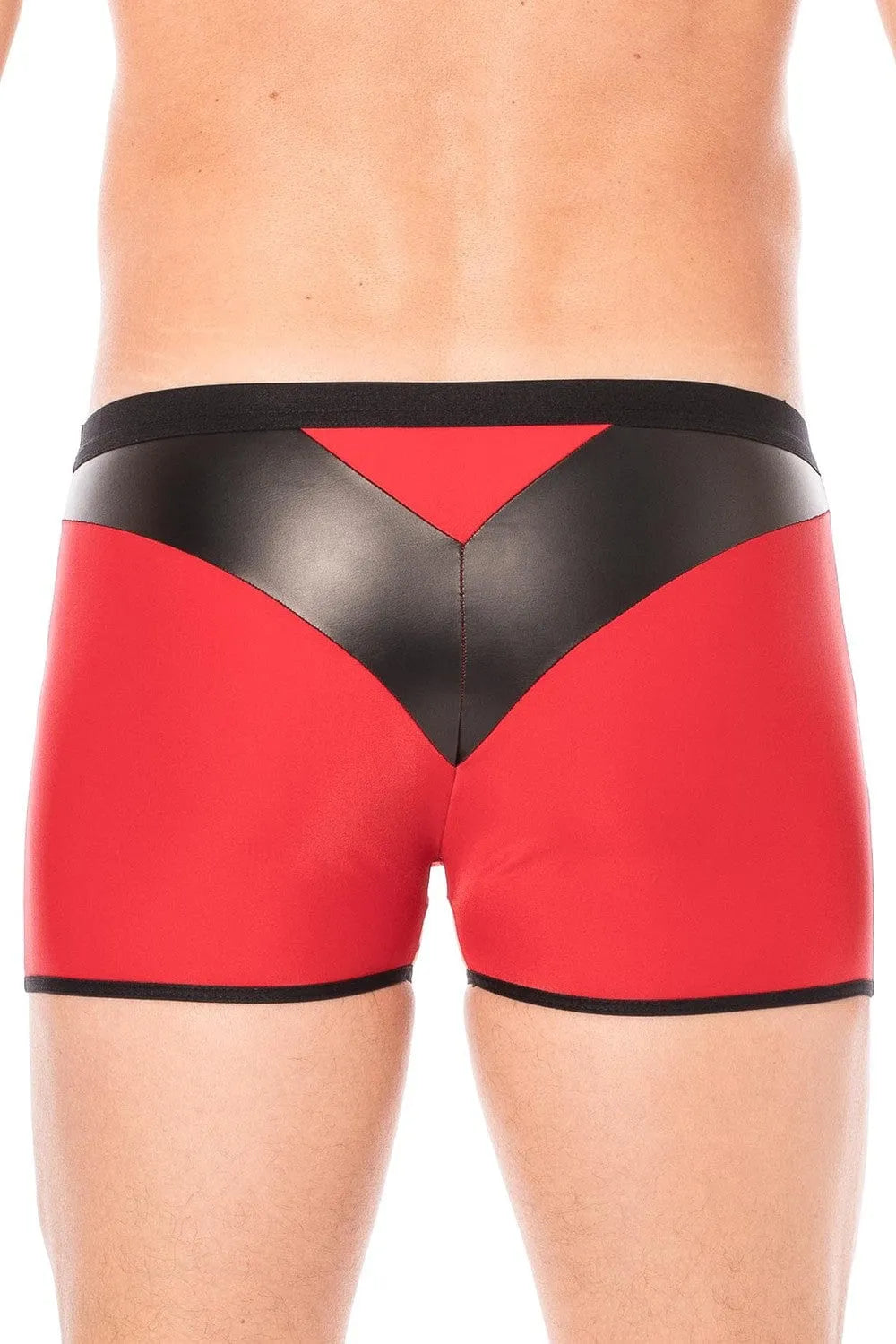 Boxer homme moulant rouge avec bande simili cuir noire en pointe, tissu doux et opaque, vue arrière.