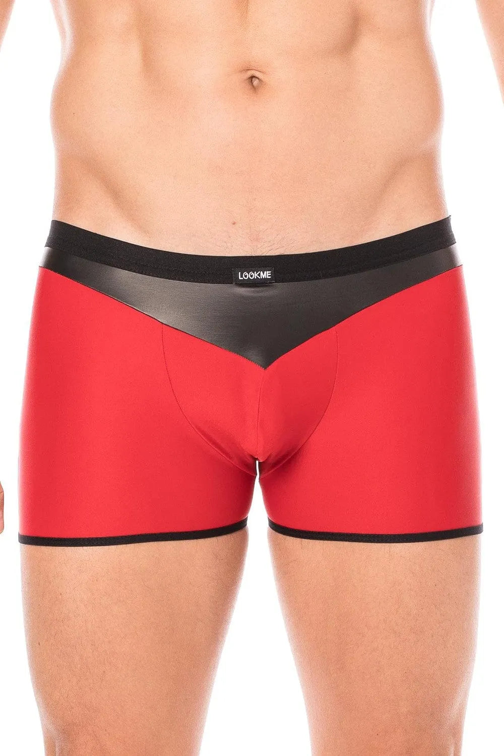 Boxer homme moulant rouge avec bande simili cuir noire, design audacieux et confortable, idéal pour style et confort.