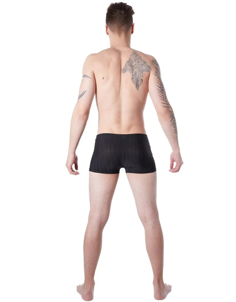 Boxer homme noir élégant avec rayures ton sur ton, extensible et confortable, porté par un modèle de dos.