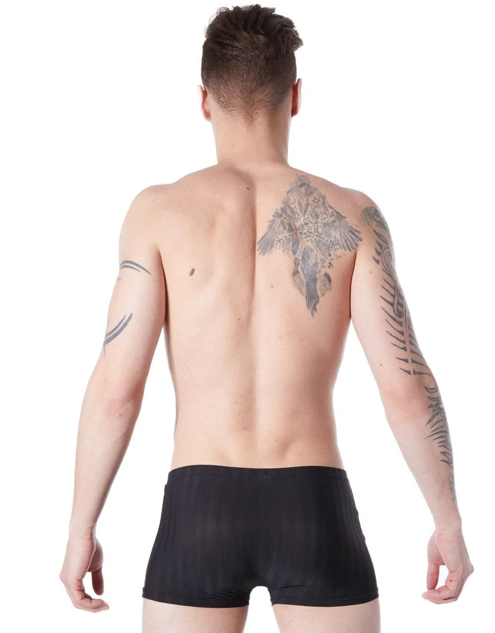 Boxer homme noir extensible avec rayures discrètes, ajusté et élégant, en polyester et élasthanne, vue de dos.