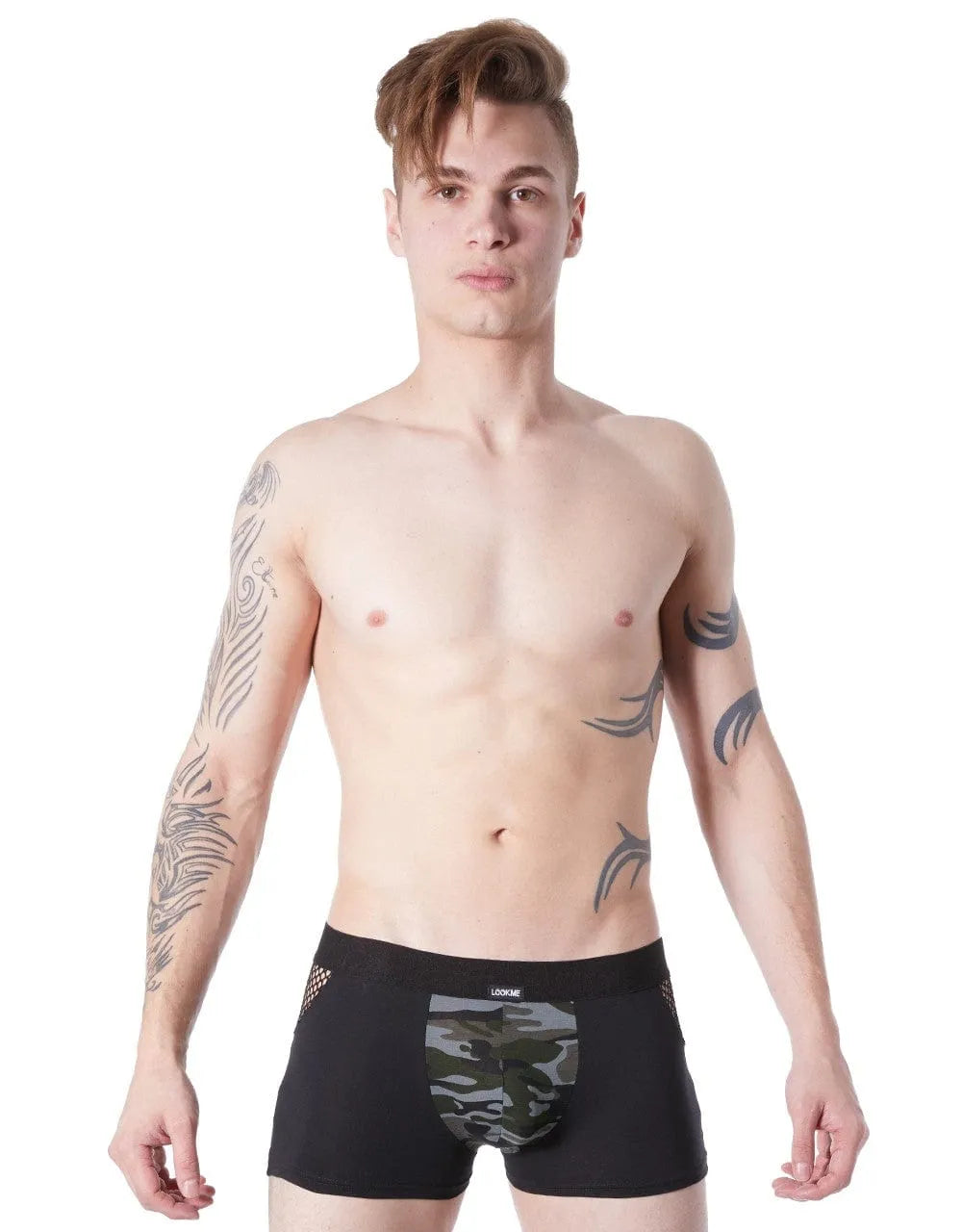 Boxer homme noir camouflage coton, design audacieux avec résille filet sur les côtés, motif militaire moderne.