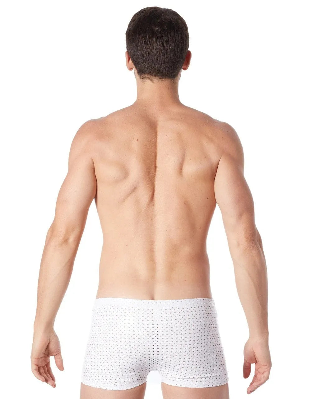 Boxer homme blanc en vinyle ajouré, moulant et sexy, vue de dos, style unique et intemporel, collection Tender.