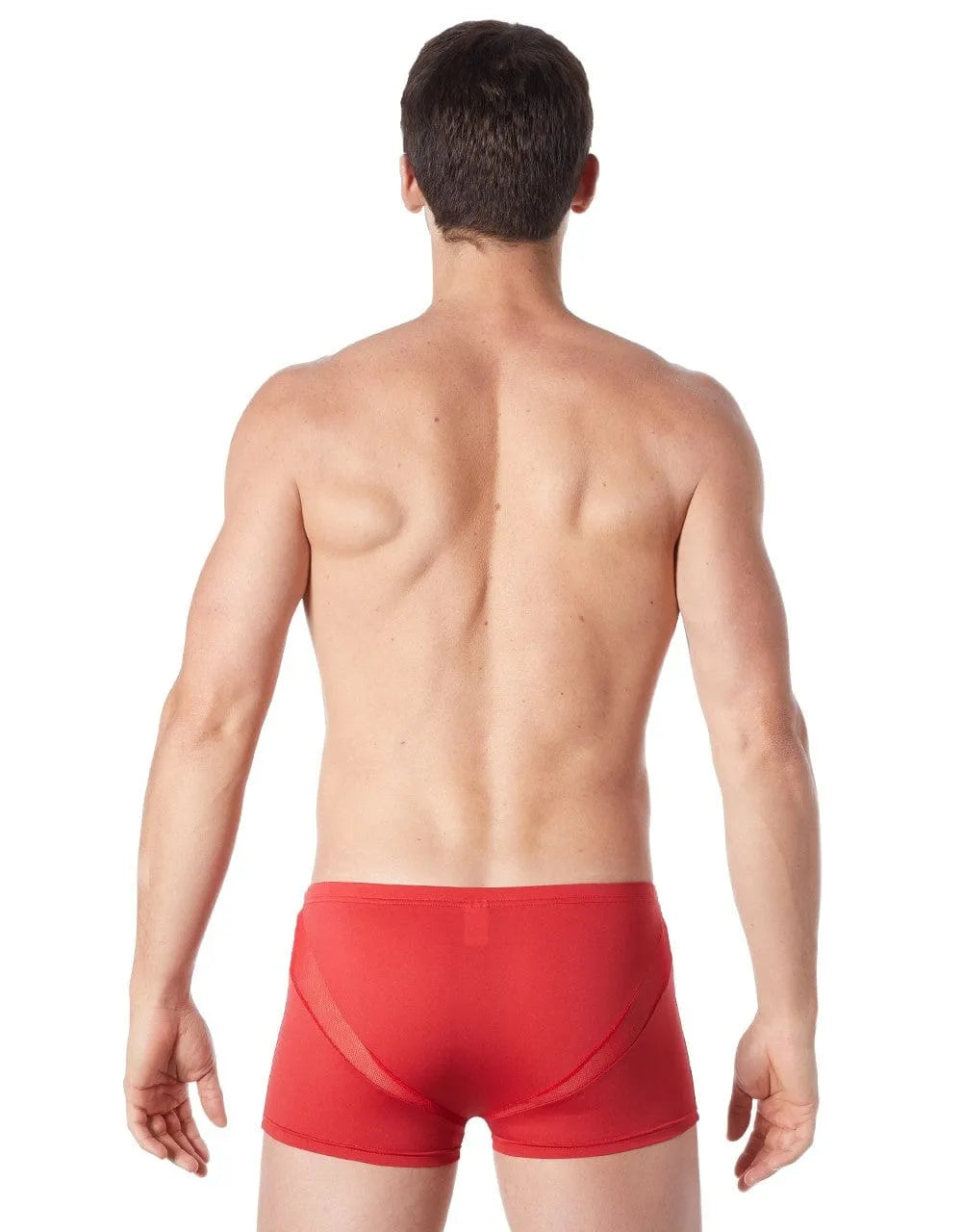Boxer rouge homme, coupe glamour, bandes en V résille, polyester et élasthanne, confort et séduction à petit prix.