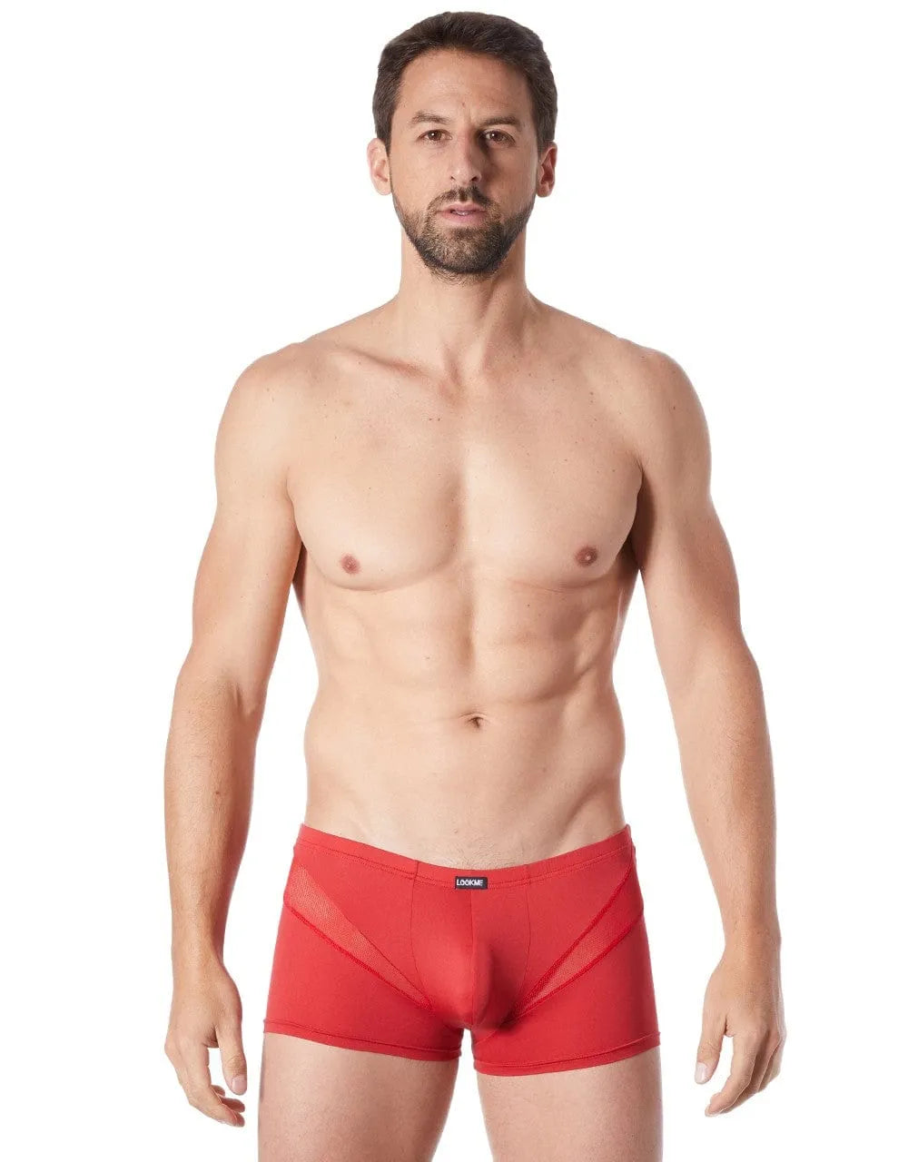 Boxer rouge homme, coupe glamour, bandes en V résille, polyester et élasthanne, confort et séduction à petit prix.