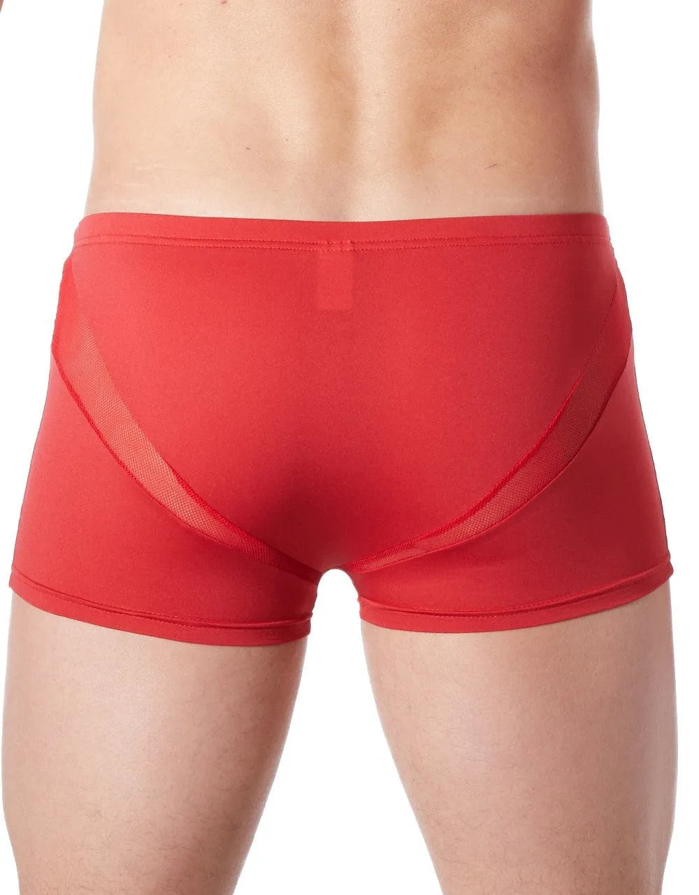 Boxer homme rouge avec bandes en V résille, coupe confortable, polyester et élasthanne, style original et séduisant.