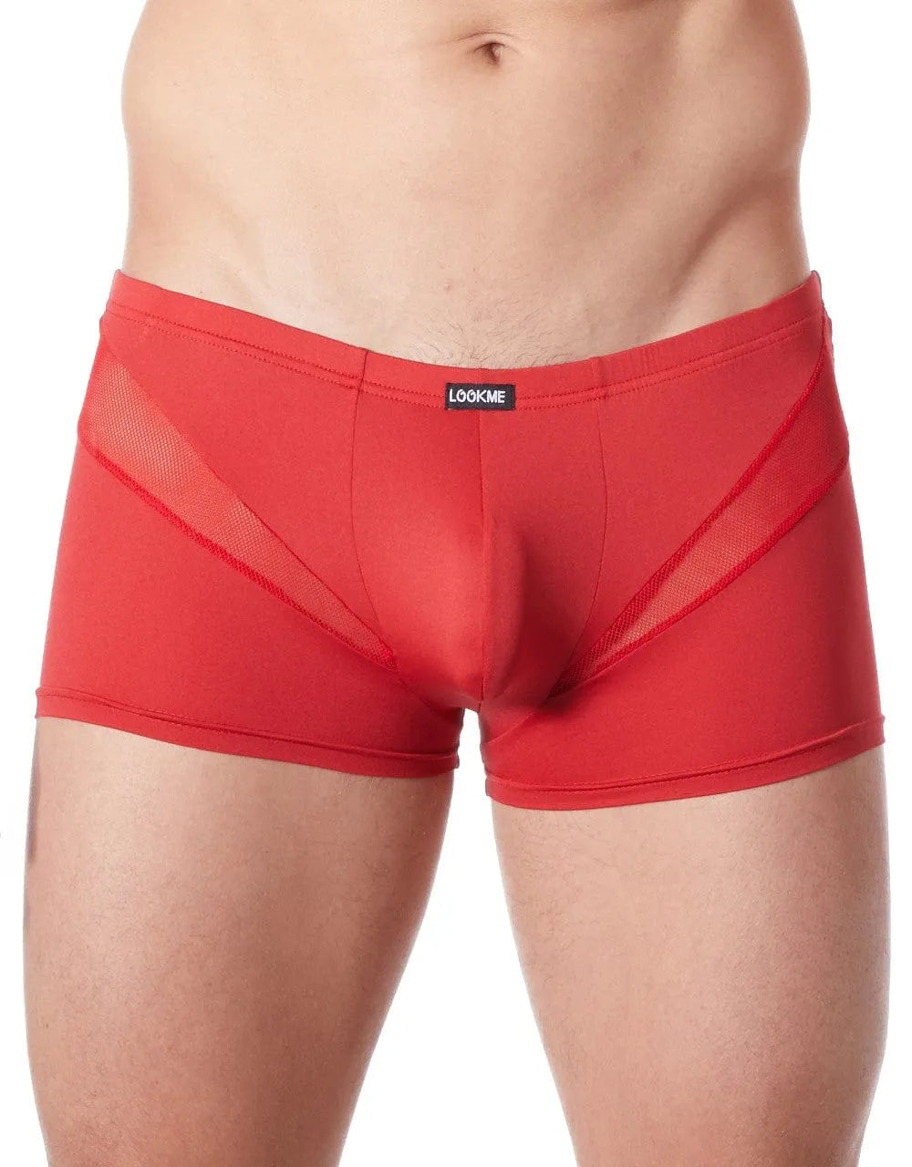 Boxer homme rouge avec bandes en V résille, coupe confortable, matière douce polyester et élasthanne, style séduisant.