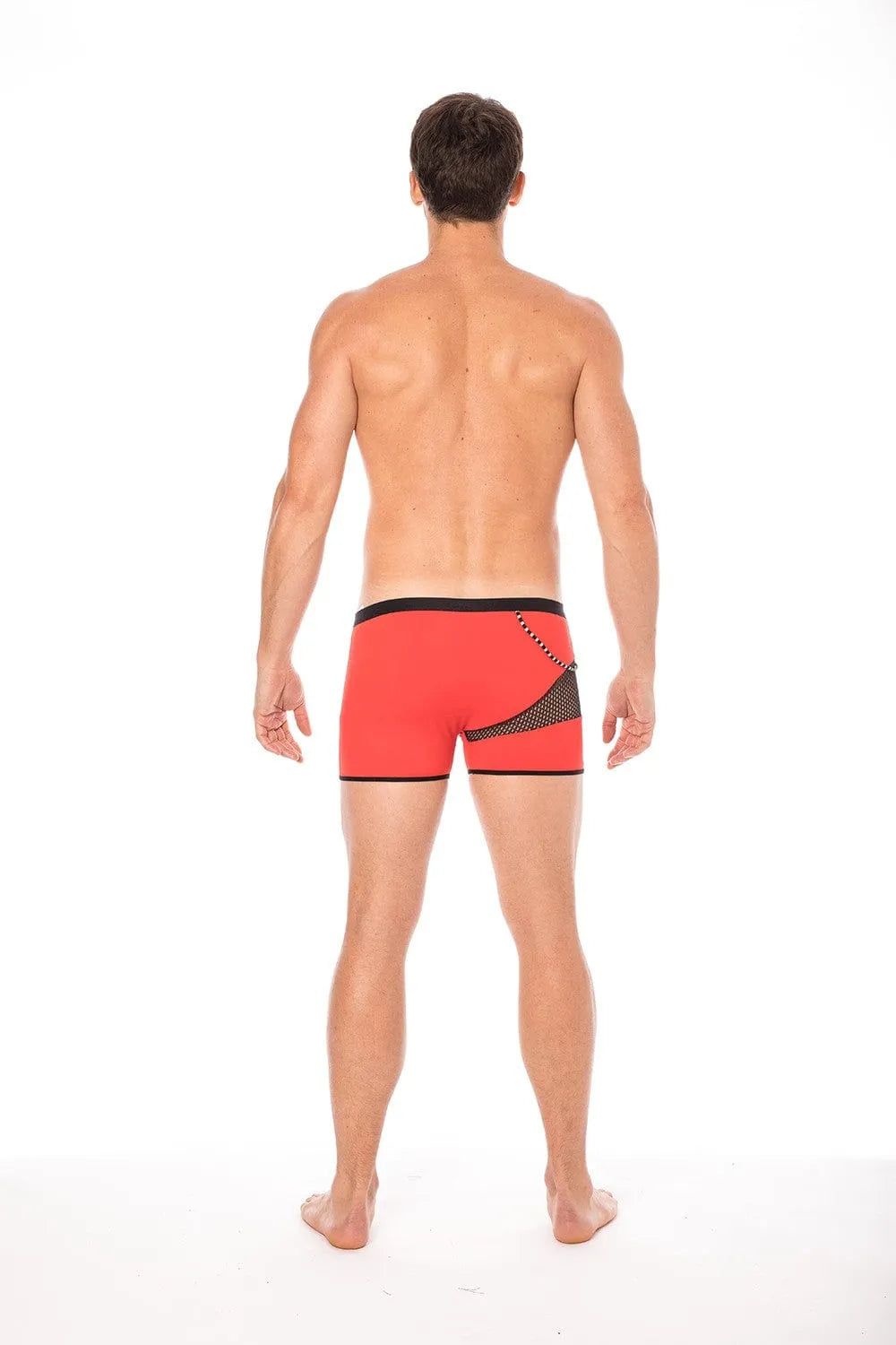 Boxer homme rouge design avec filet latéral et cordelette, style urbain moderne, composition polyamide et élasthanne.