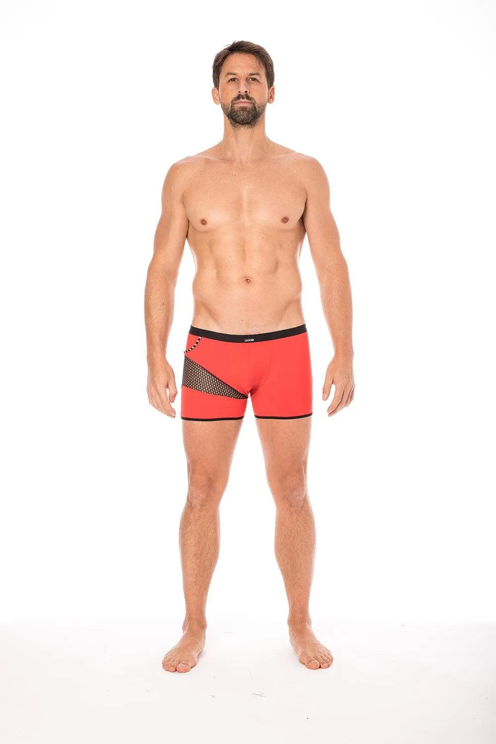 Boxer homme rouge avec filet latéral, design moderne, polyamide et élasthanne, collection Urban, style branché.