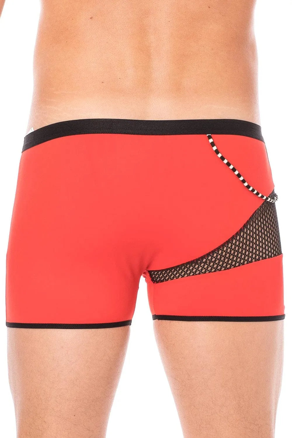 Boxer homme rouge sexy avec filet latéral noir et cordelette, design moderne et tendance, idéal pour un look audacieux.