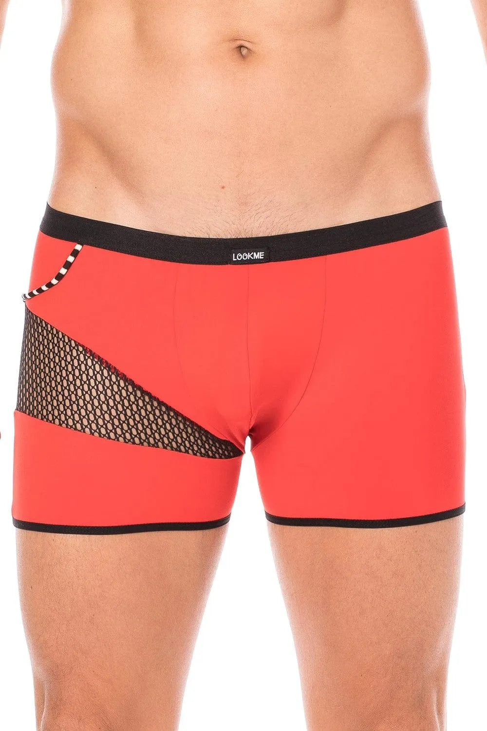 Boxer homme rouge avec filet latéral et cordelette, design moderne et sexy, 80% polyamide, 20% élasthanne.
