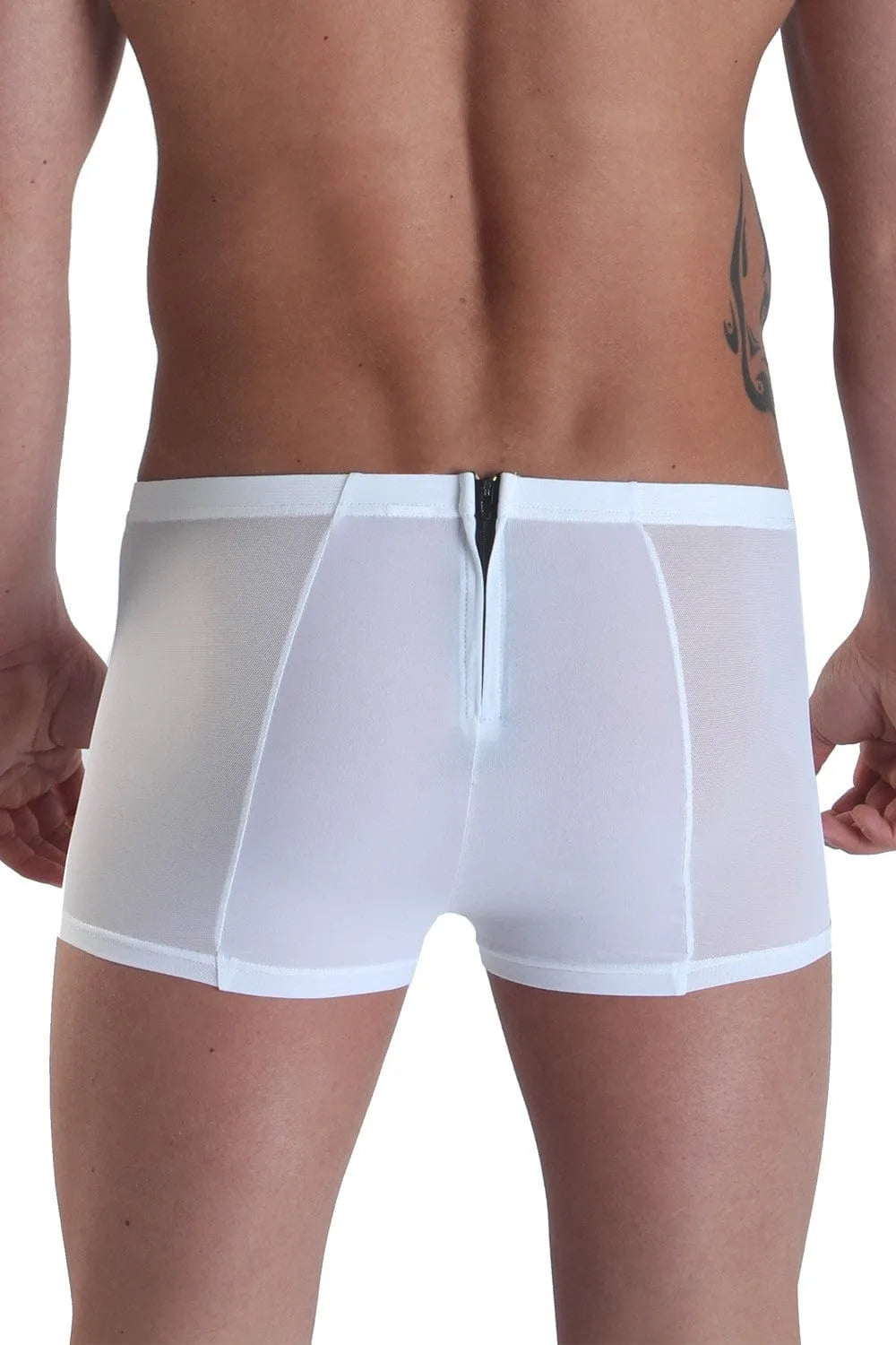Boxer homme blanc sexy avec fermetures à glissière avant et arrière, mélange opaque et transparent, confort moderne.