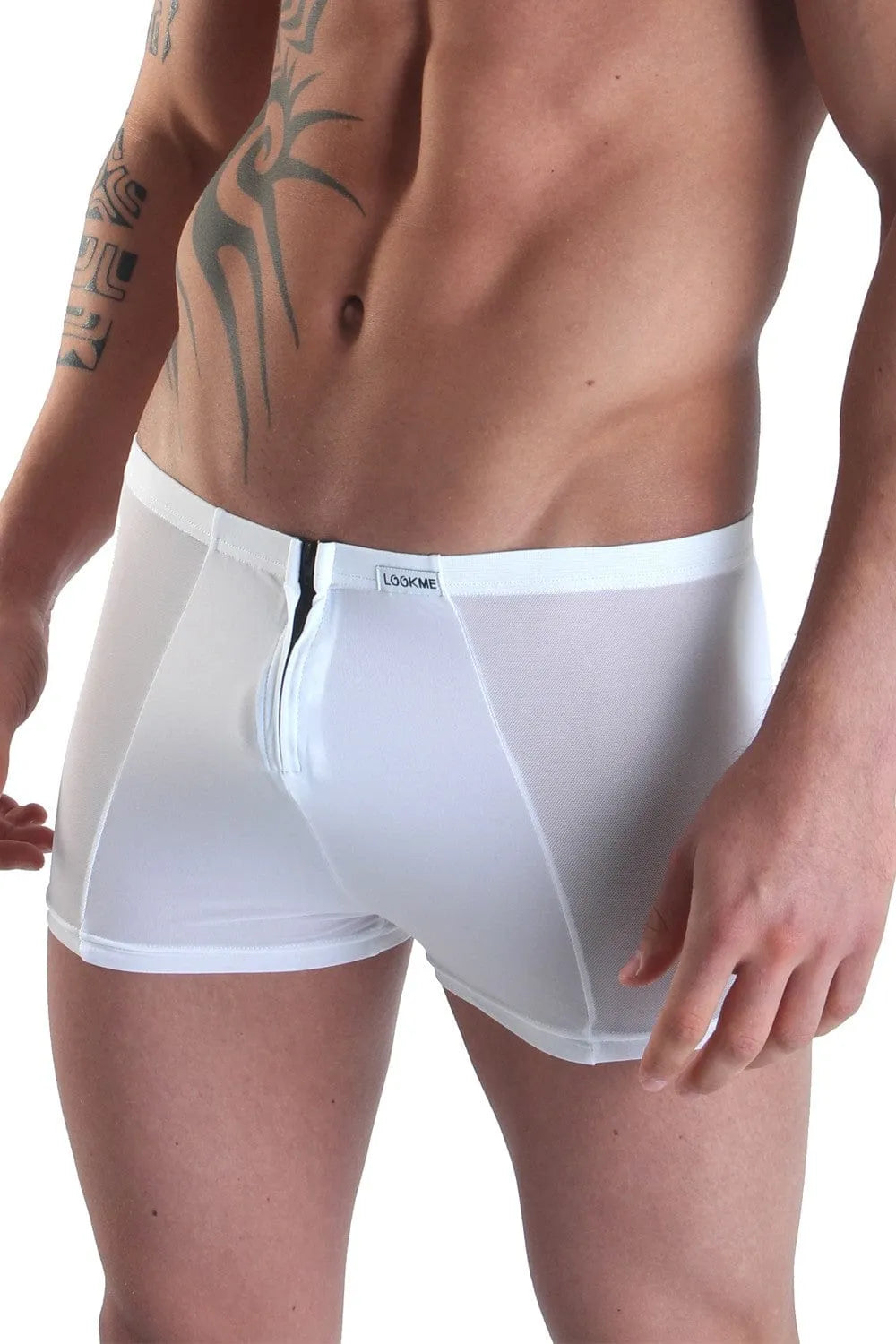 Boxer homme blanc avec fermetures à glissière avant et arrière, mélange opaque et transparent, style moderne et sexy.