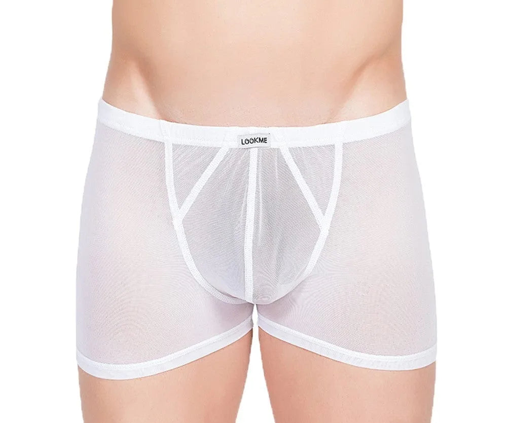 Boxer homme transparent blanc en résille fine, coupe ajustée, ceinture élastique, style sexy et confortable.