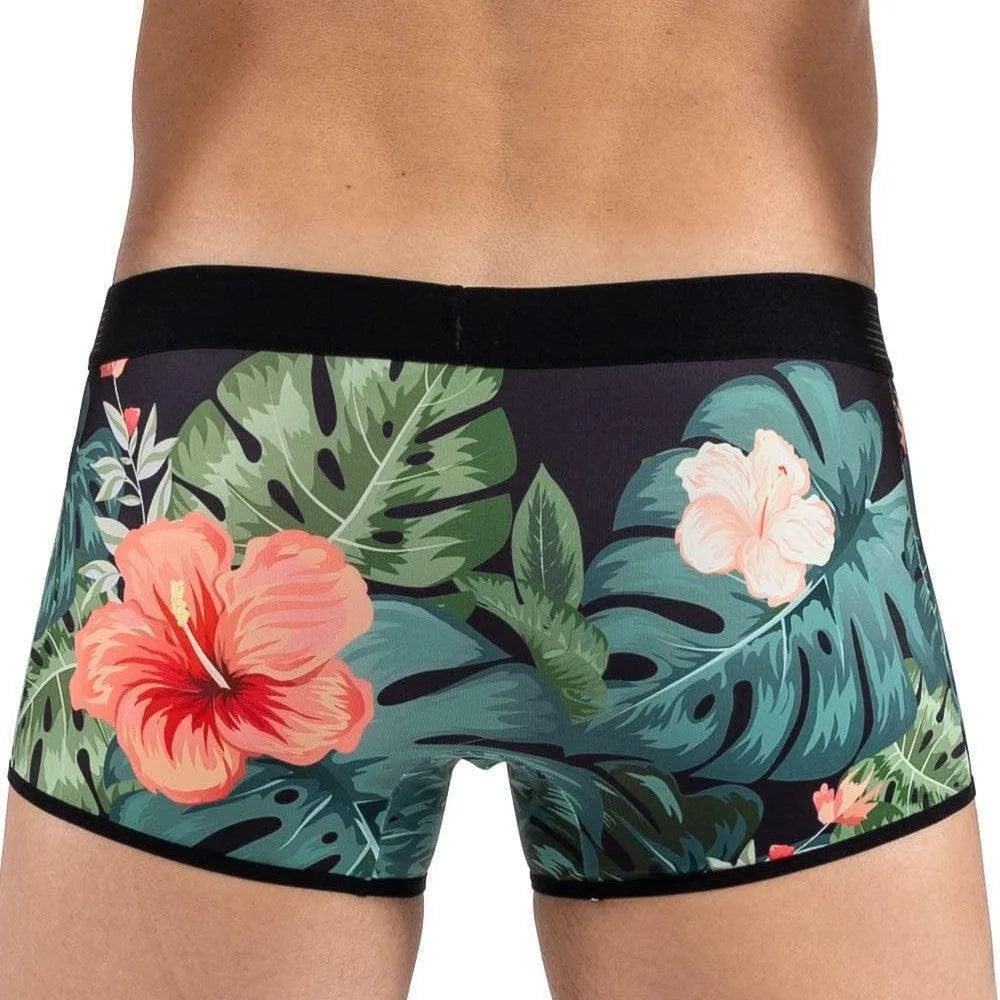 Boxer homme imprimé jungle avec fleurs rouges, fond noir, élastique noir, coupe ajustée, Lookme, confort et style.