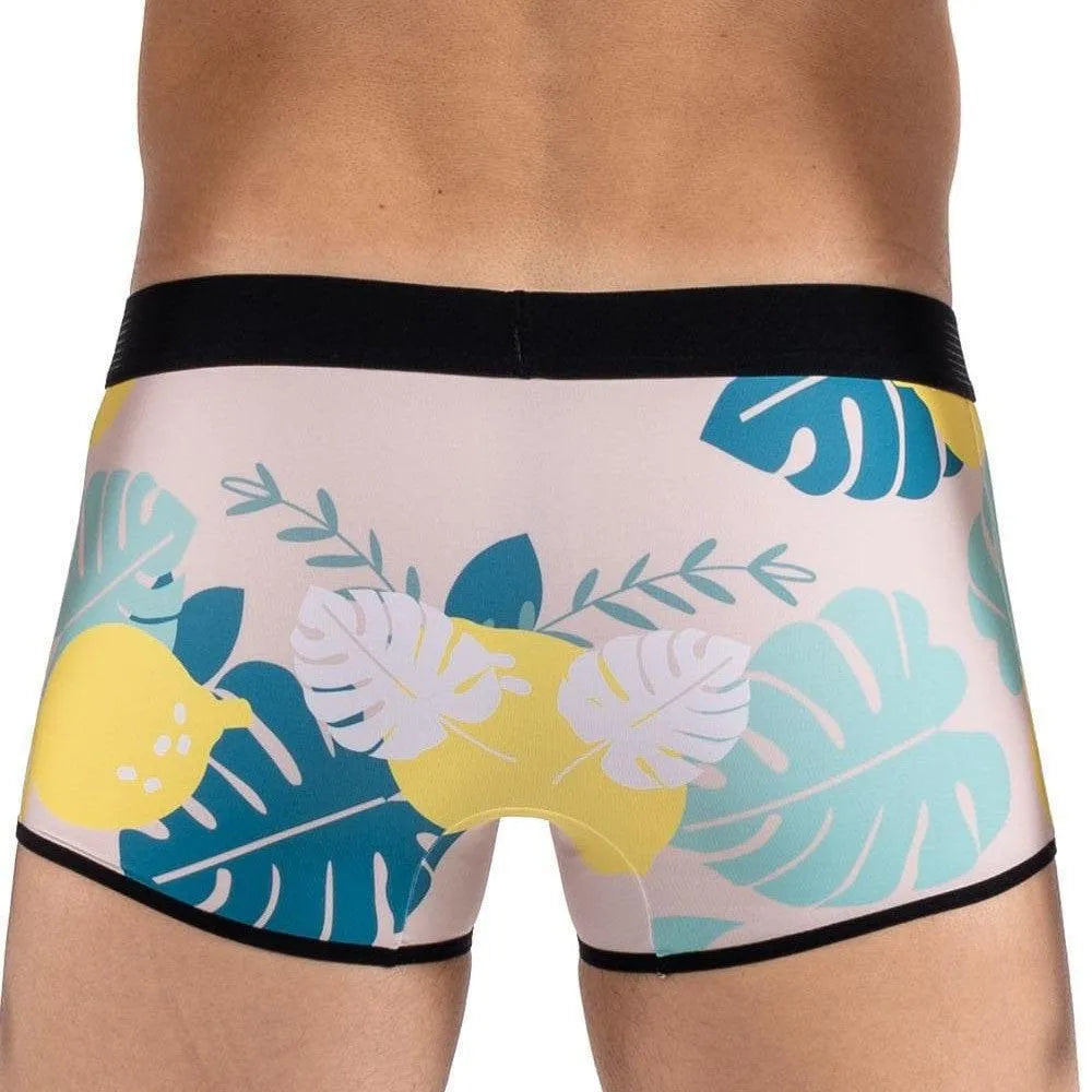 Boxer homme imprimé savane citron, fond pastel, ceinture noire élastique avec logo Lookme, motifs tropicaux colorés.