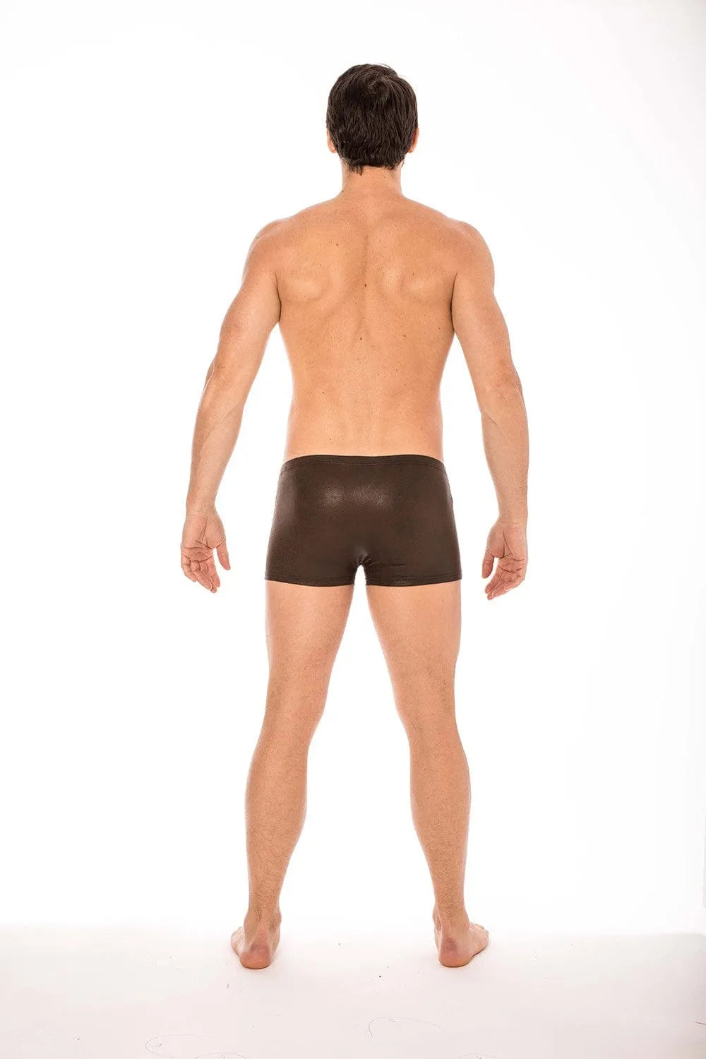 Boxer noir effet simili cuir mouillé, ajusté, confortable, style rock et sensuel, idéal pour un look tendance masculin.