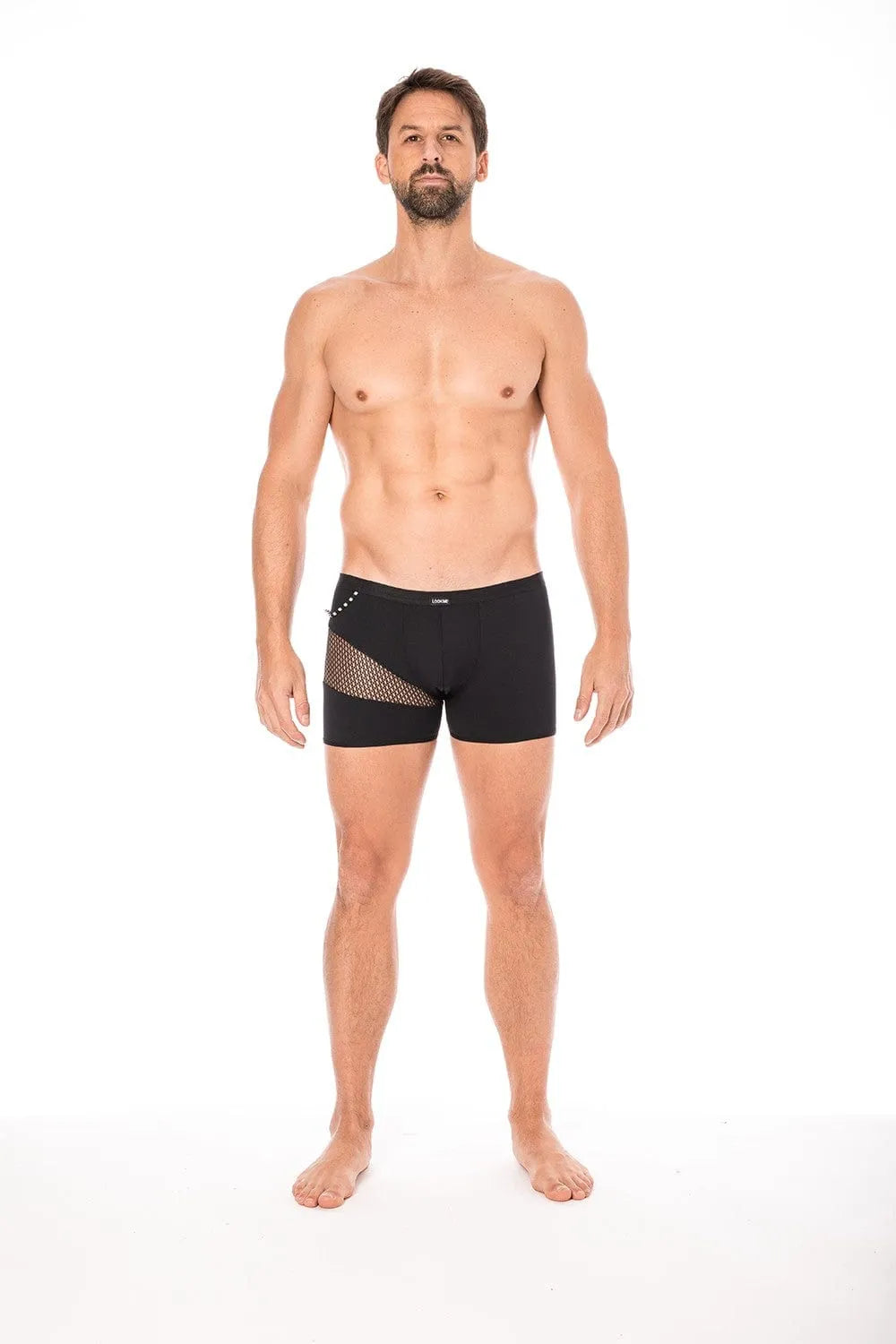 Boxer noir homme avec filets et cordelettes latérales, design moderne et sexy, matière polyamide et élasthanne.