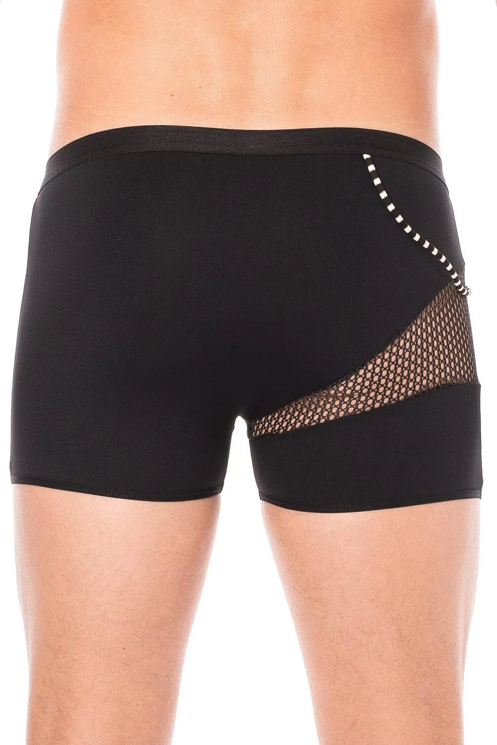 Boxer noir homme avec filets latéraux et cordelettes, design moderne et sexy, matière polyamide et élasthanne.