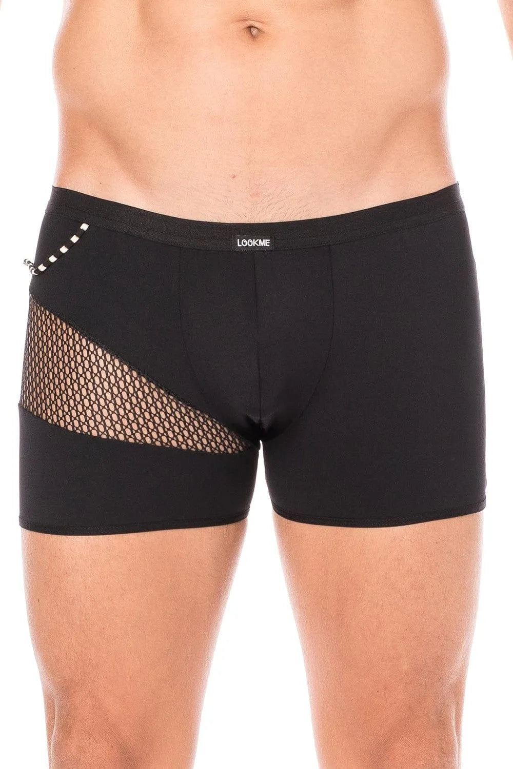 Boxer noir homme, design sexy avec filets et cordelettes latérales, matière opaque, 80% polyamide, 20% élasthanne.