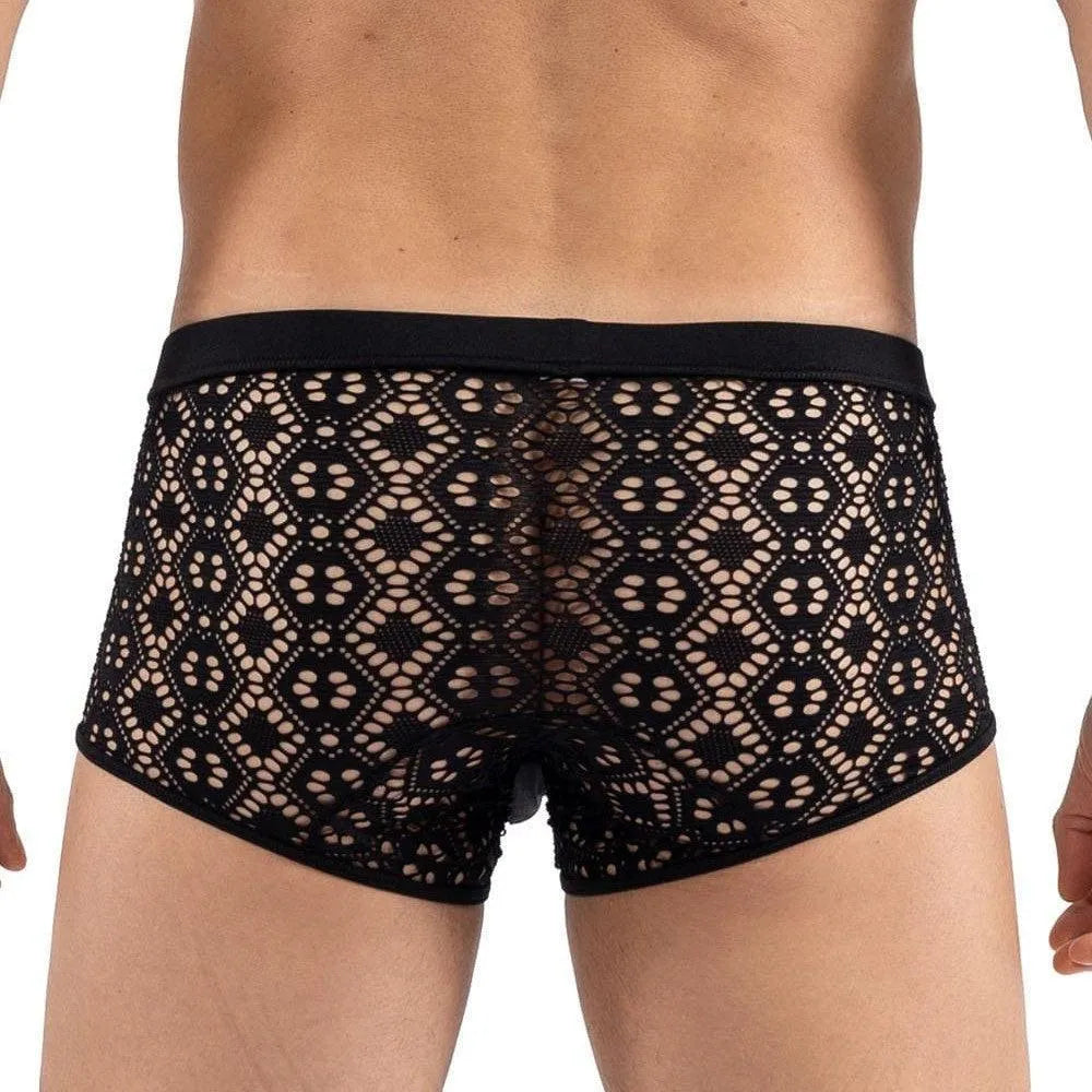 Boxer noir résille brodée motifs asymétriques, collection Shinny LOOKME, confort et élégance pour homme.