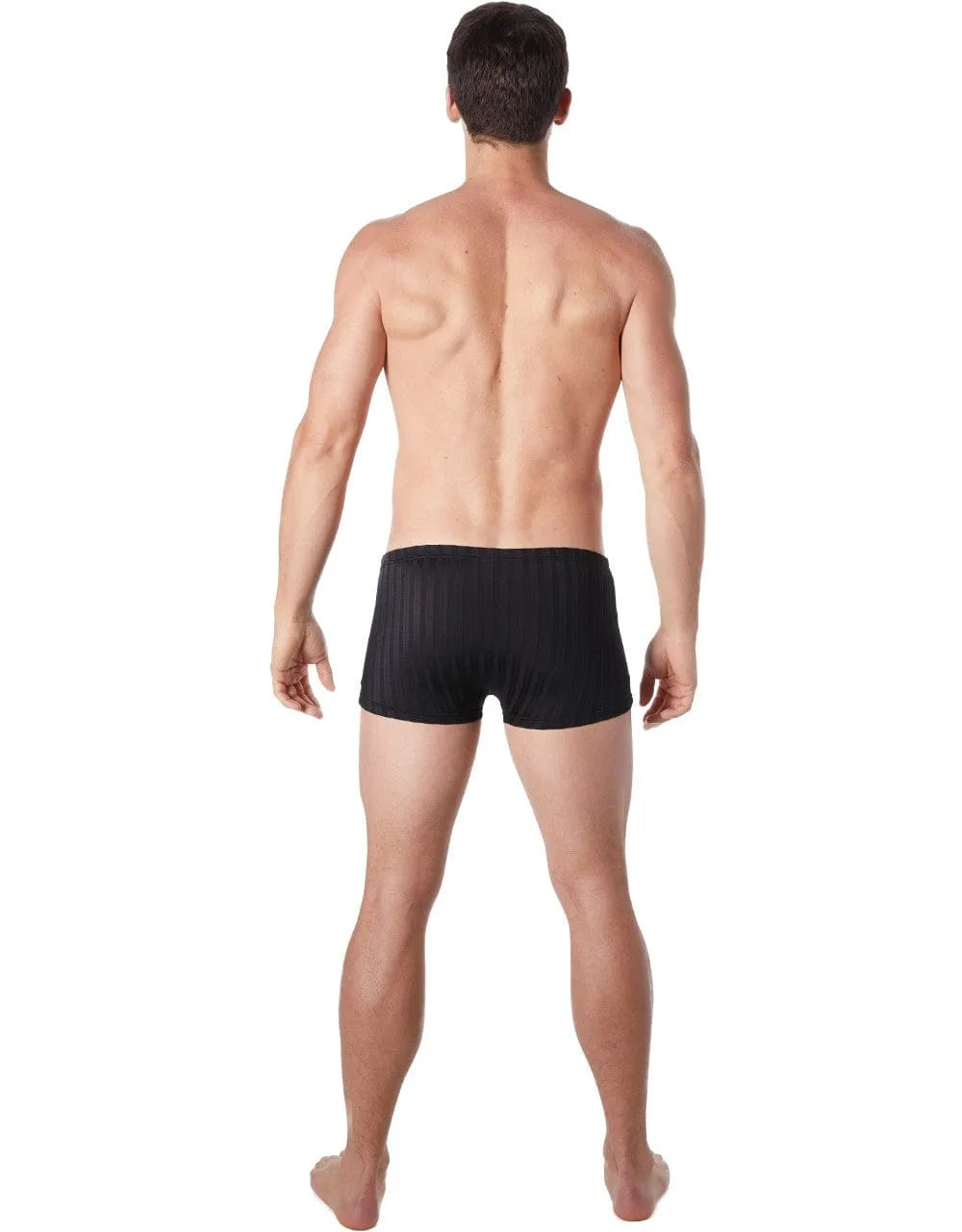 Boxer noir rayé pour homme, tissu extensible, élégant et confortable, vue de dos, rayures discrètes.