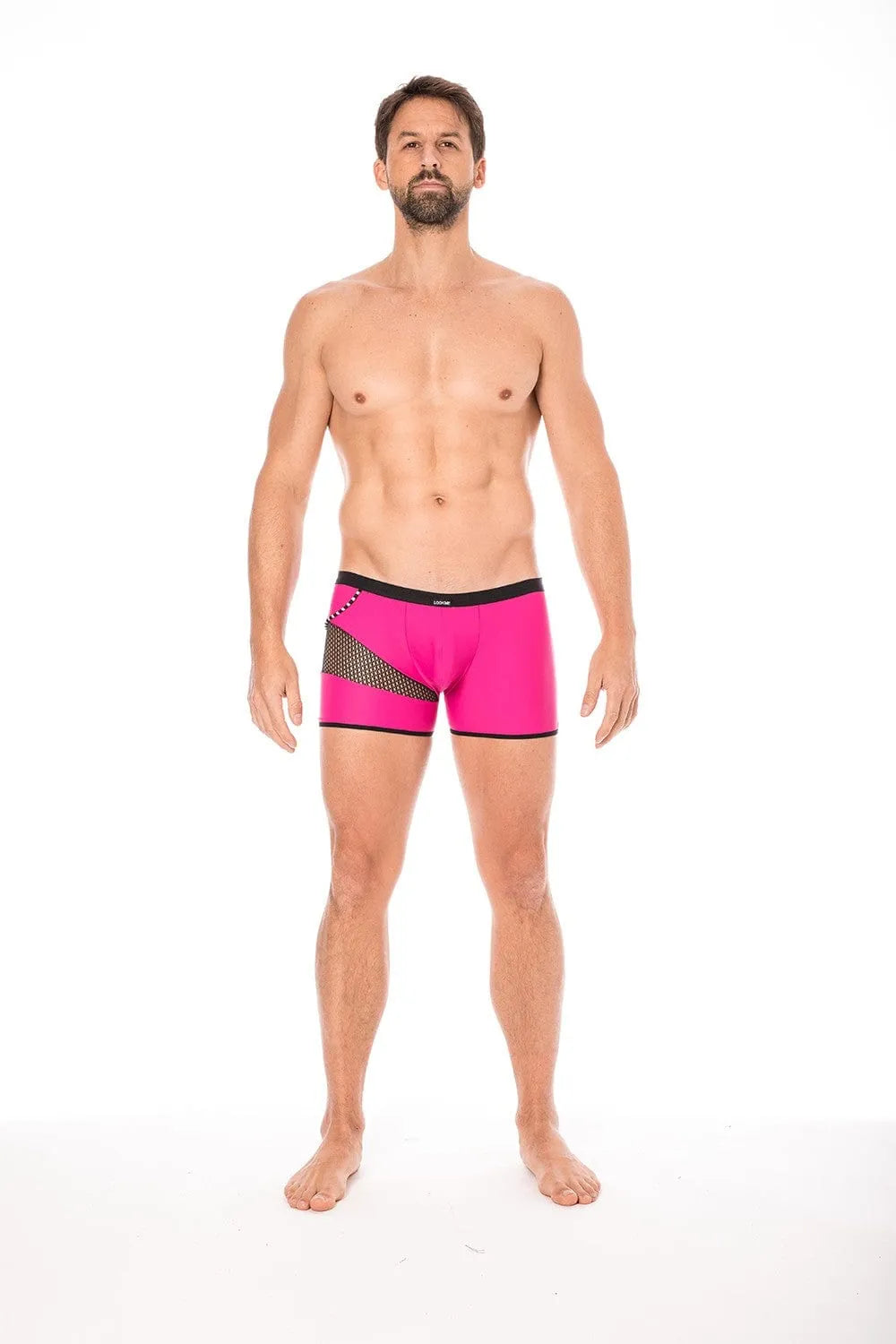 Boxer magenta avec filet noir, design moderne, cordelette latérale, composition 80% polyamide, 20% élasthanne.