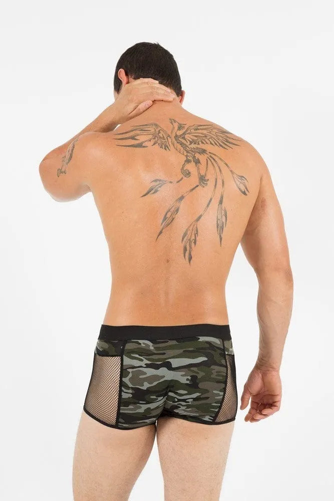 Boxer homme motif Jungle semi transparent, couleurs vertes et noires, tissu en polyamide et élasthane, style audacieux.
