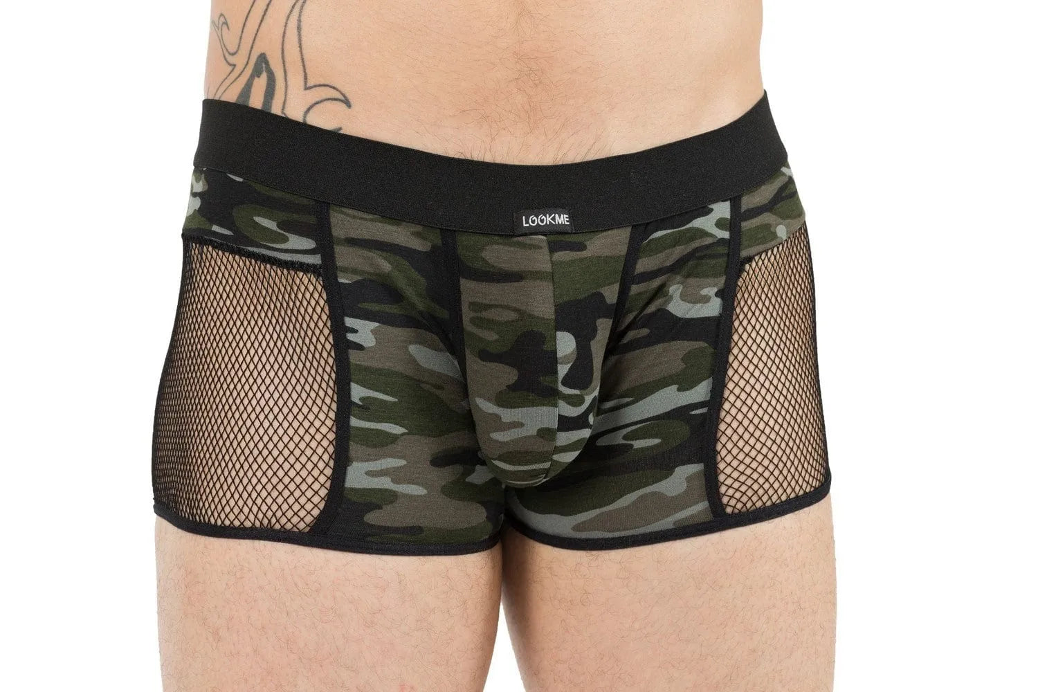 Boxer homme motif Jungle semi transparent, vert camouflage, détails filet, confortable et tendance.