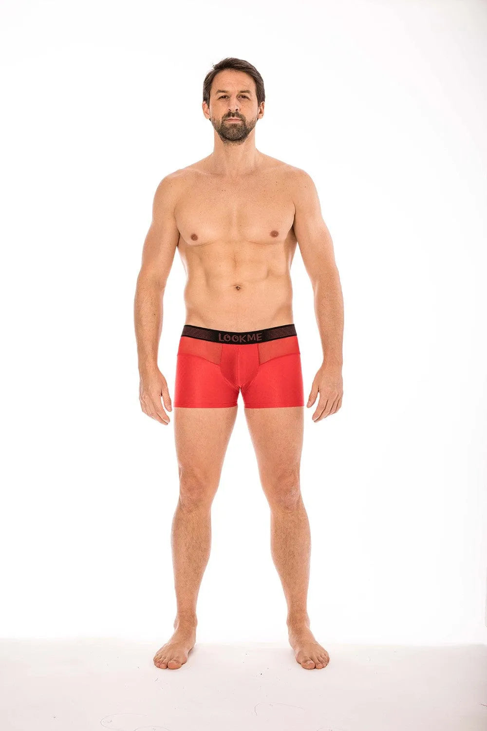 Boxer rouge homme LOOKME, tissu opaque et résille, ceinture élastique, 80% polyamide, 20% spandex, style unique et élégant.