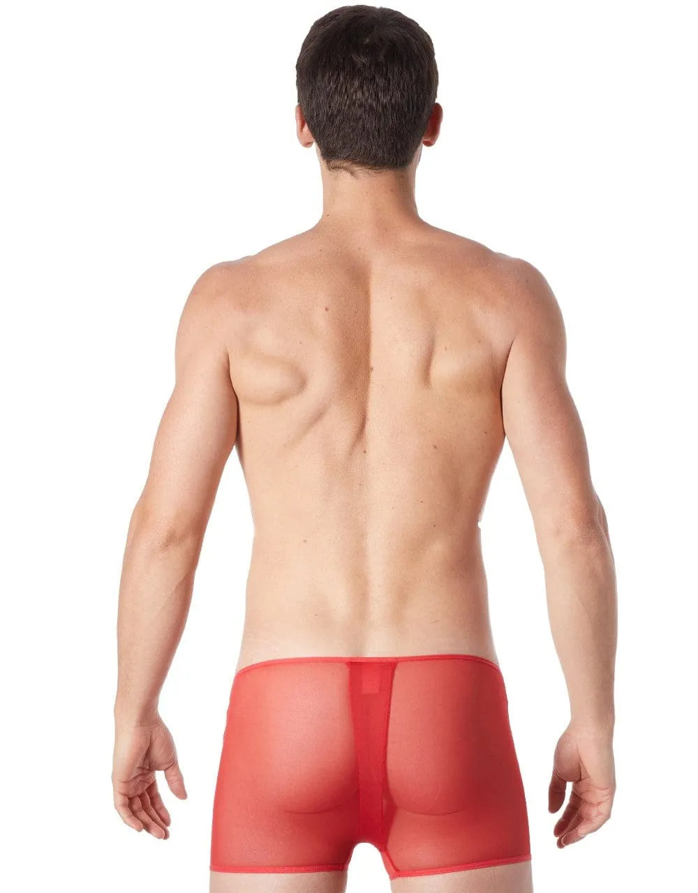 Boxer rouge en maille transparente avec côtés imitation cuir et fermeture éclair avant, coupe audacieuse et élégante.