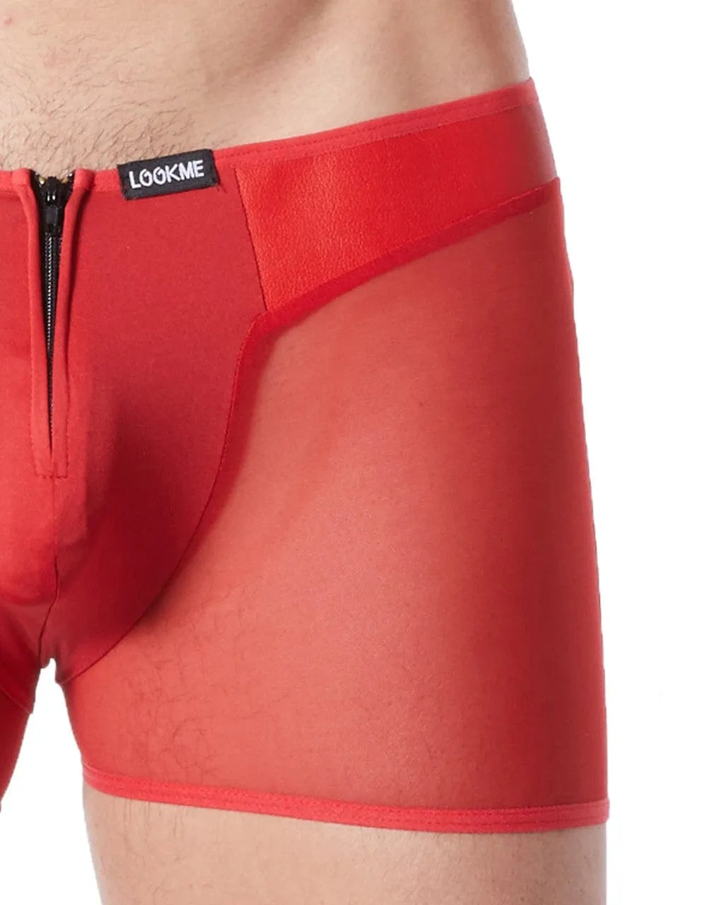 Boxer rouge sexy en maille transparente avec côtés effet cuir et fermeture éclair avant, design élégant et audacieux.