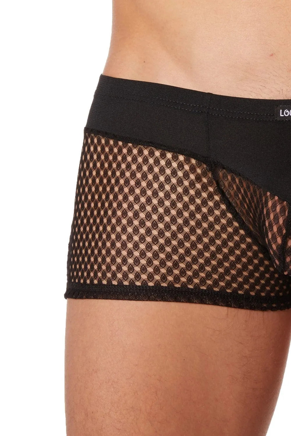 Boxer homme noir en résille filet et tissu opaque, design chic et sexy, mélange polyamide et élasthanne, mode tendance.