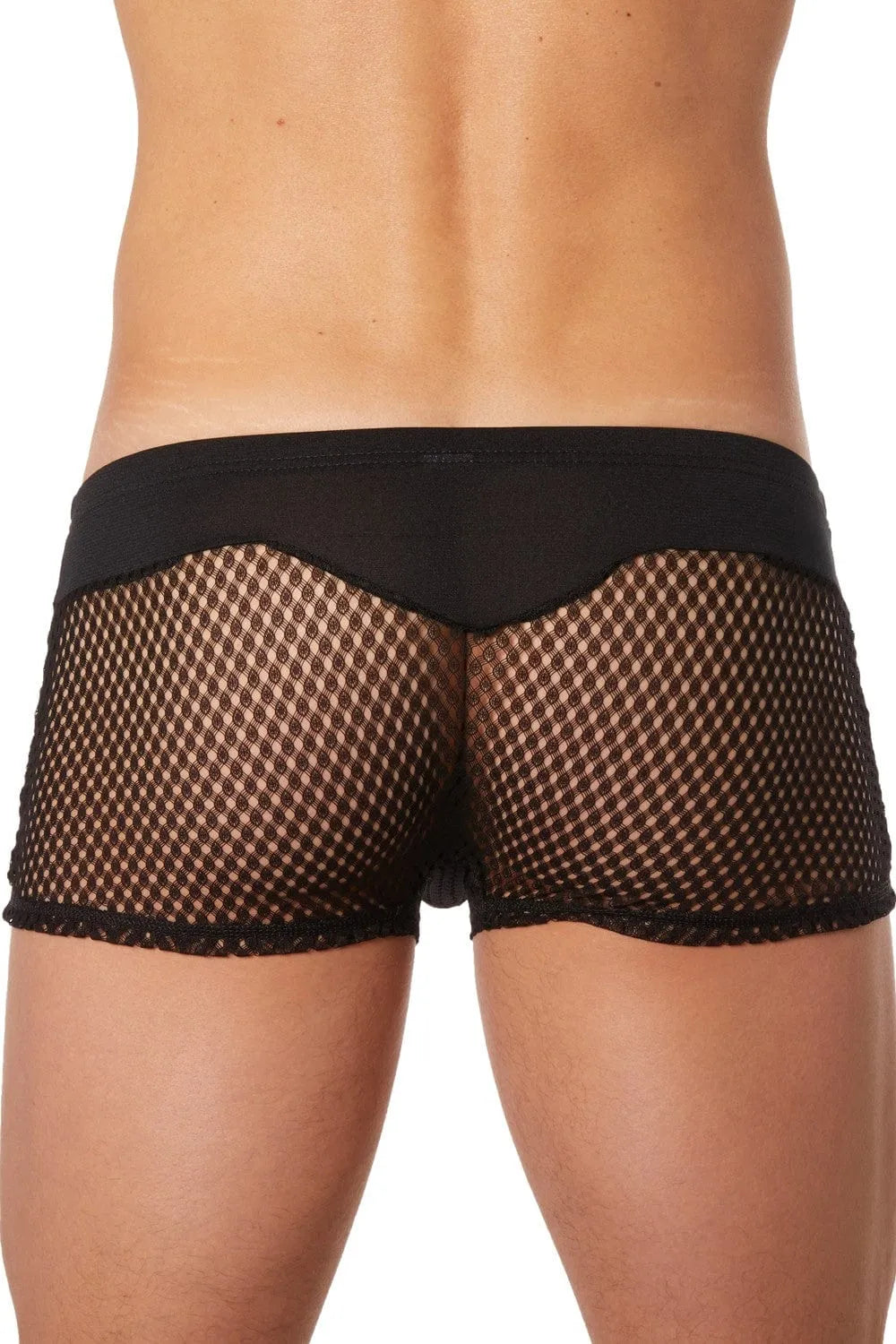 Boxer noir homme, opaque en haut, résille filet en bas, chic et sexy, en polyamide et élasthanne, confortable et tendance.