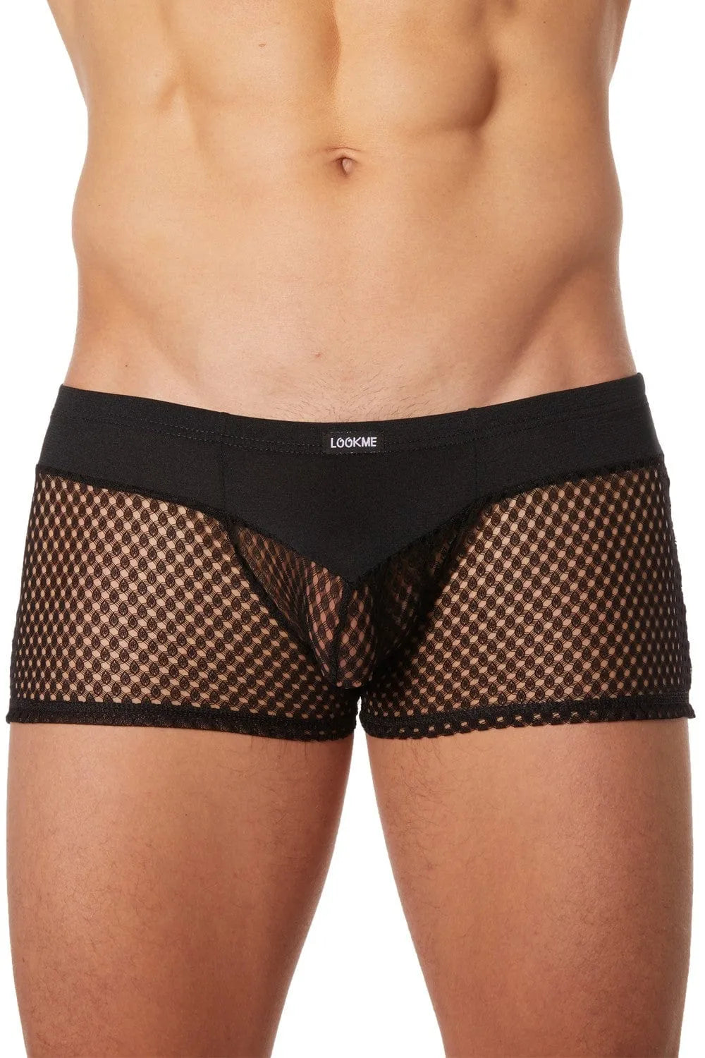Boxer noir homme, opaque en haut, résille filet en bas, chic et sexy, 80% polyamide, 20% élasthanne.
