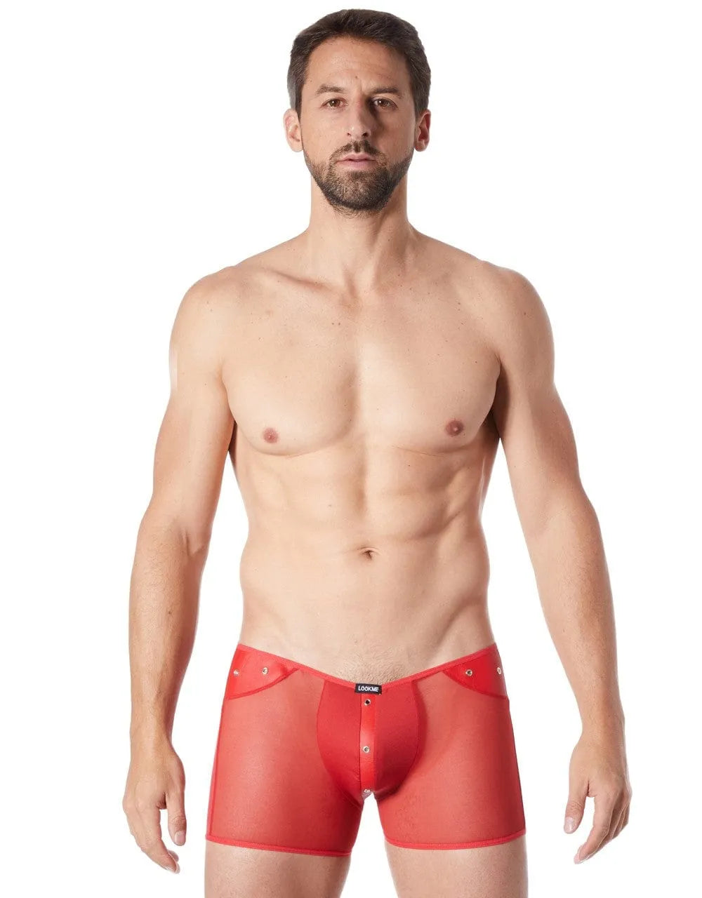 Boxer rouge transparent avec anneaux métalliques, maille fine, bande style cuir, silhouette mise en valeur.