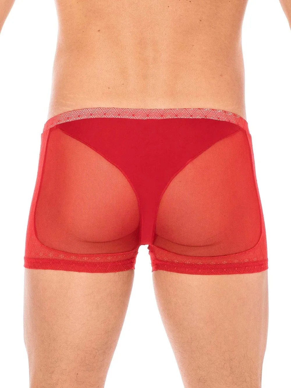 Boxer rouge transparent pour homme, dentelle fine, résille élégante, confort optimal, style séduisant et moderne.