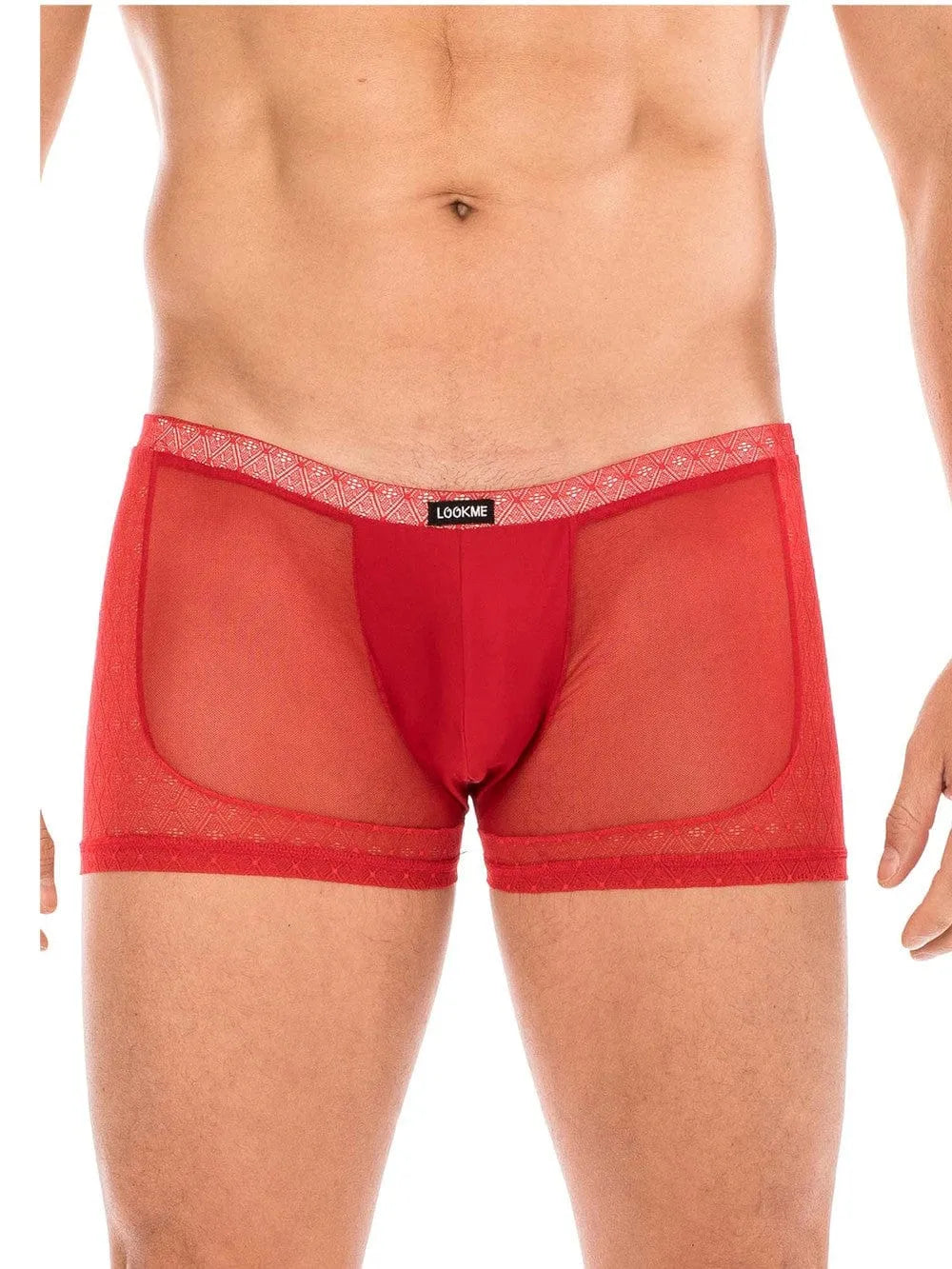 Boxer rouge transparent homme en résille et dentelle, 80% polyamide, 20% spandex, confort et élégance.