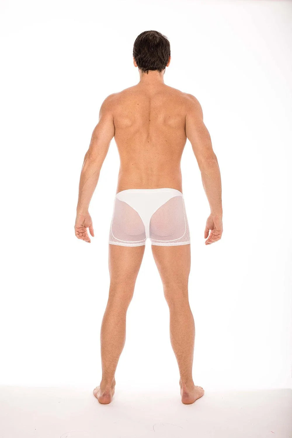 Boxer transparent homme blanc LOOKME, résille et dentelle, confort optimal, élégant et sensuel, dos visible.