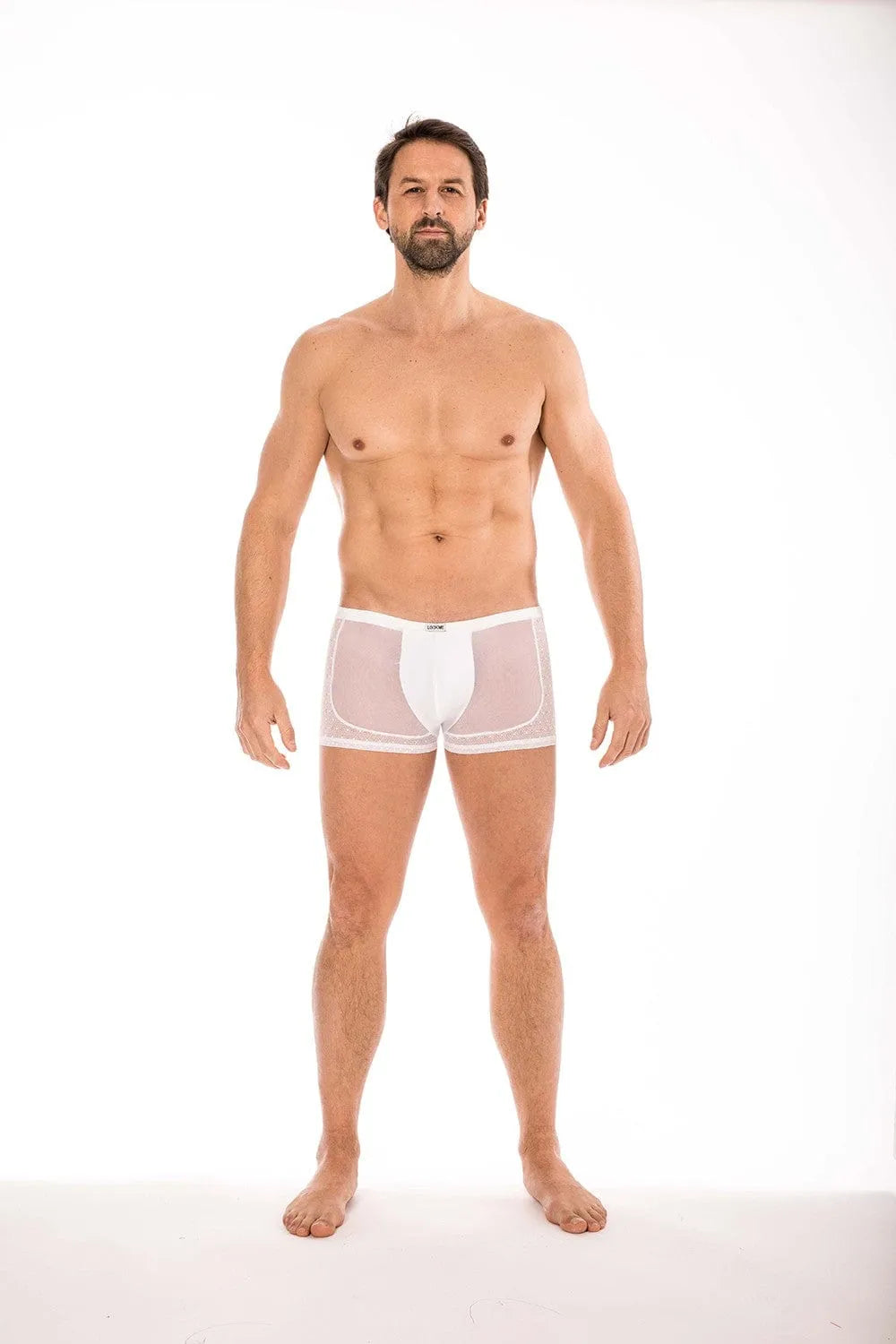 Boxer transparent blanc pour homme en résille et dentelle, LOOKME, élégant et confortable, 80% polyamide, 20% spandex.